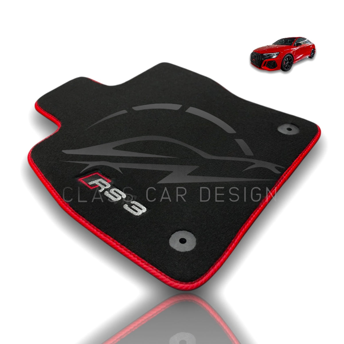 Audi RS 3 8V 4-Door Sedan (2013-2020) Custom Fit Floor Mats Red Edging - Complete Set Overview | Class Car Design