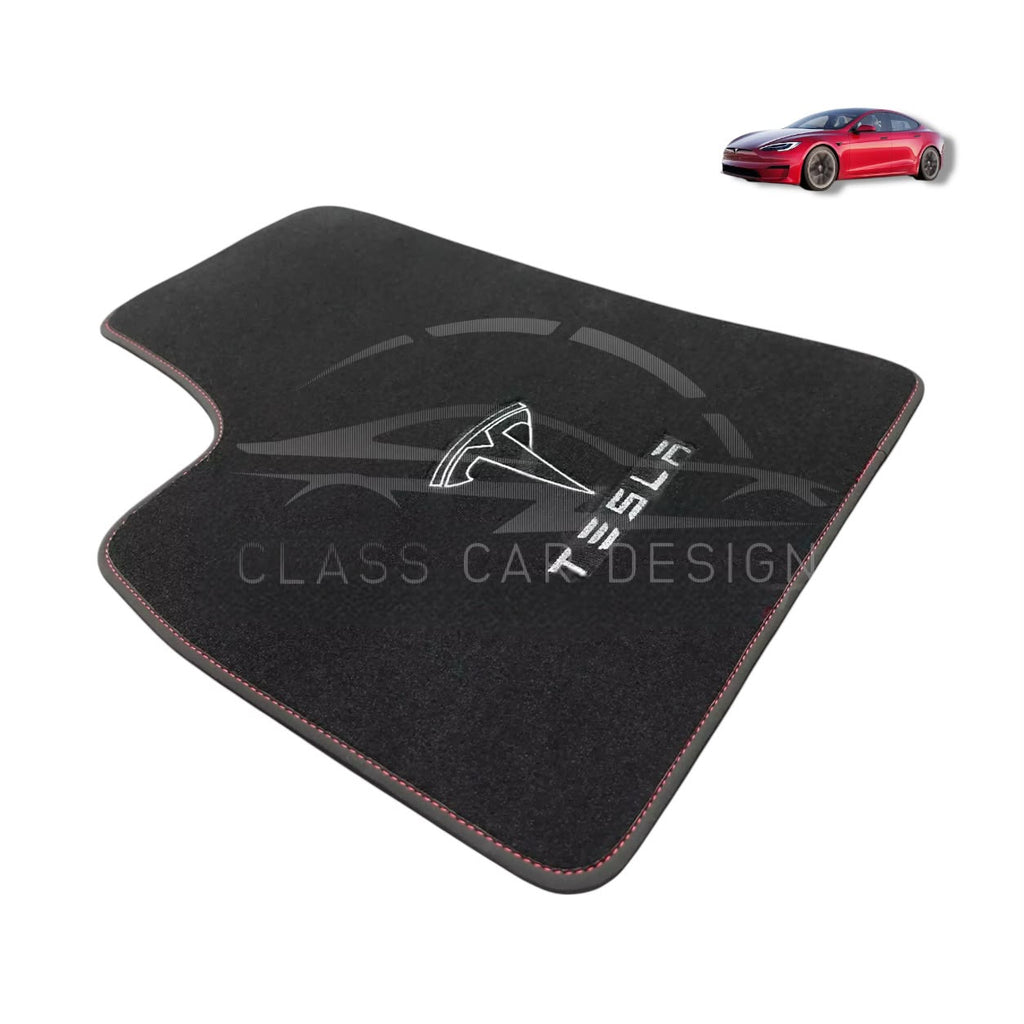 Tesla Model 3 (2017+) Custom Fit Floor Mats Plaid Red - Complete Set Overview | Class Car Design