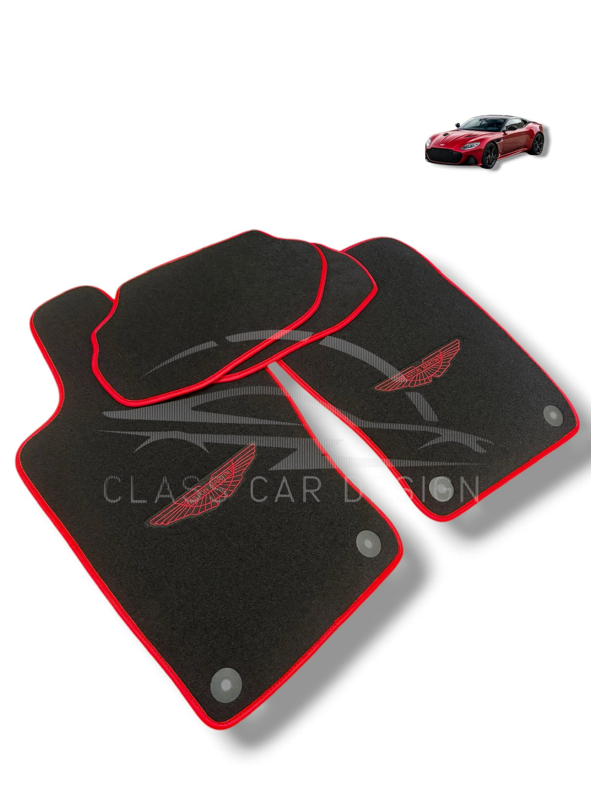 Aston Martin V12 Vanquish (2001-2005) Custom Fit Floor Mats AMR Red - Complete Set Overview | Class Car Design