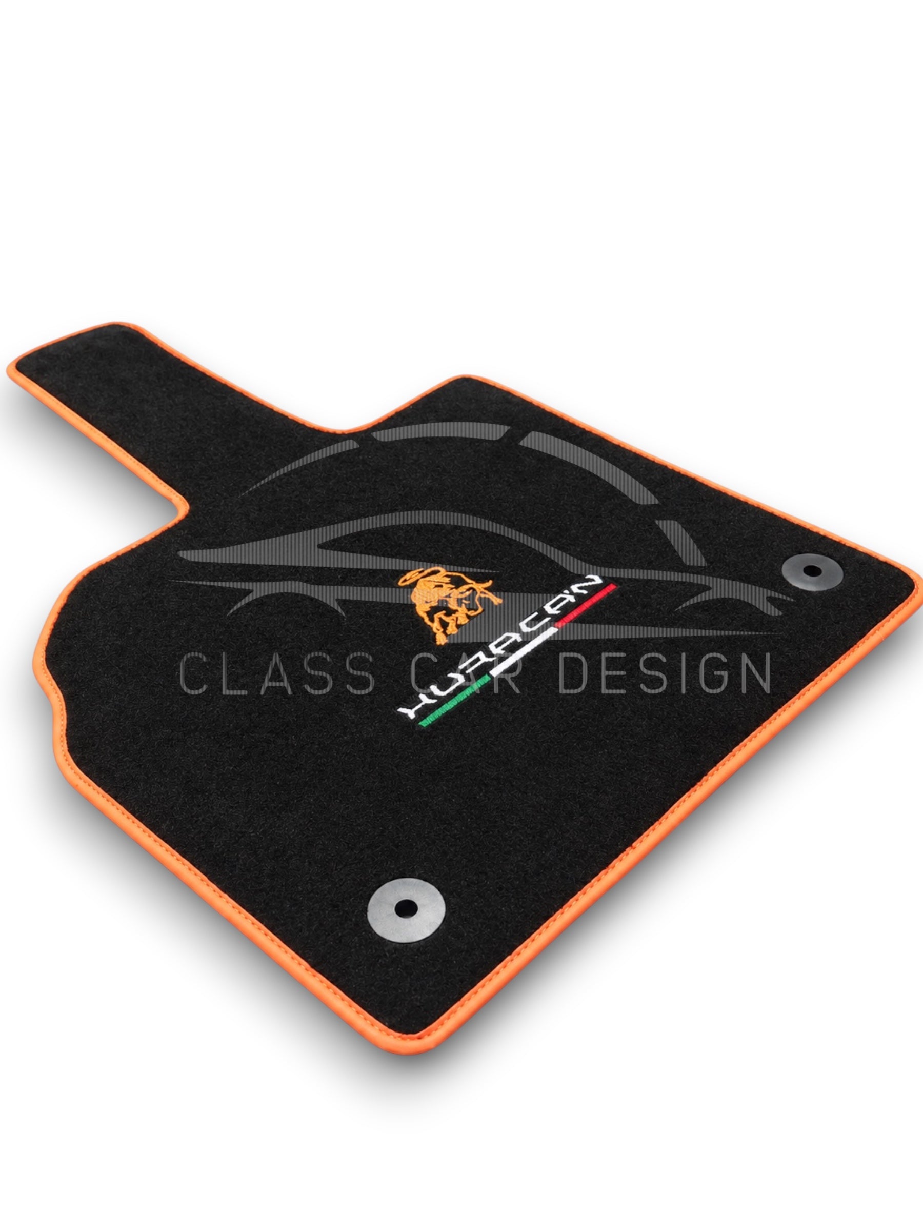 Lamborghini Huracan STO Custom Fit Floor Mats Emblem Orange Edging - Complete Set Overview | Class Car Design