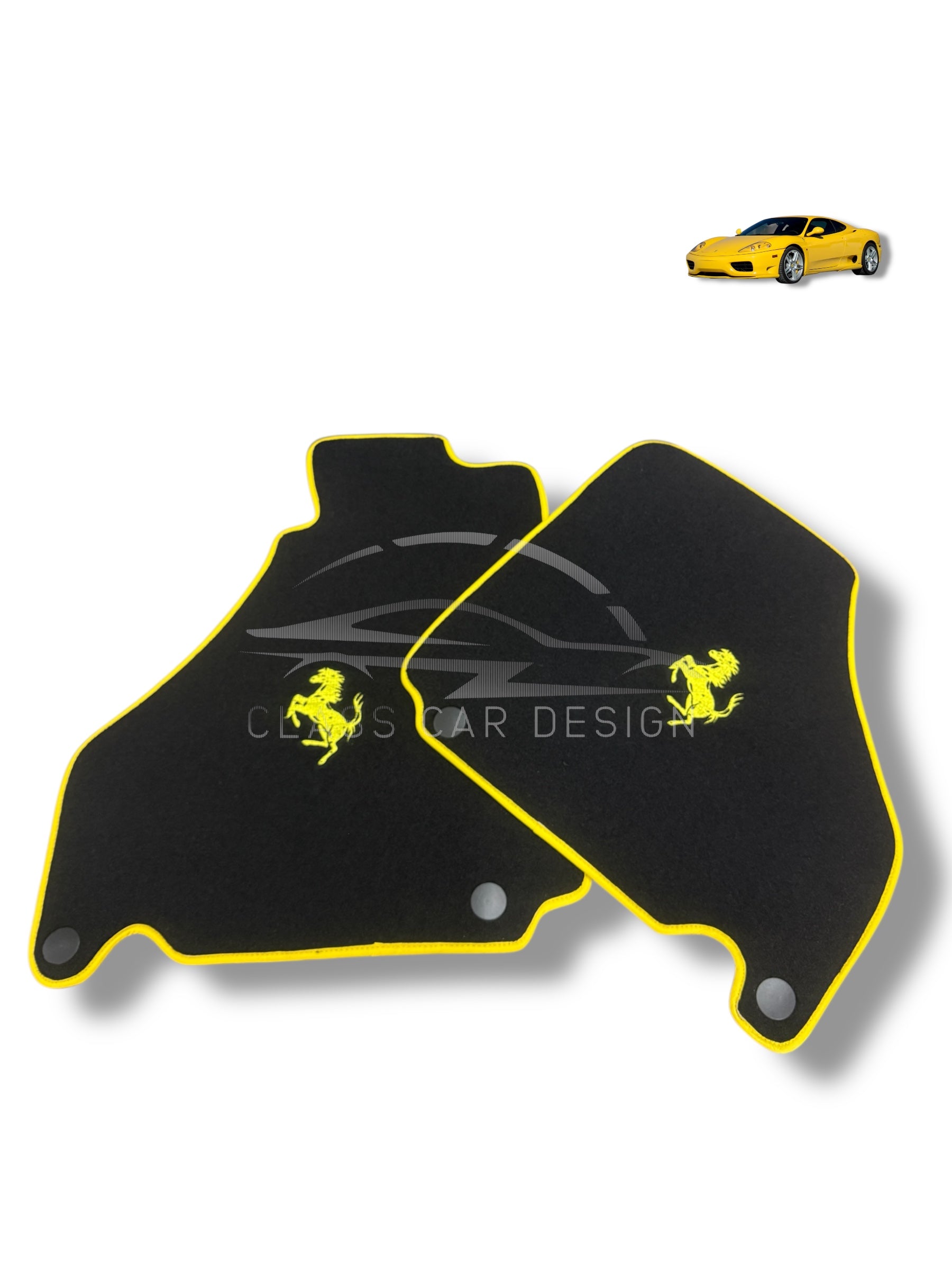 Ferrari 458 (2009-2015) Custom Fit Floor Mats Yellow Edging - Complete Set Overview | Class Car Design