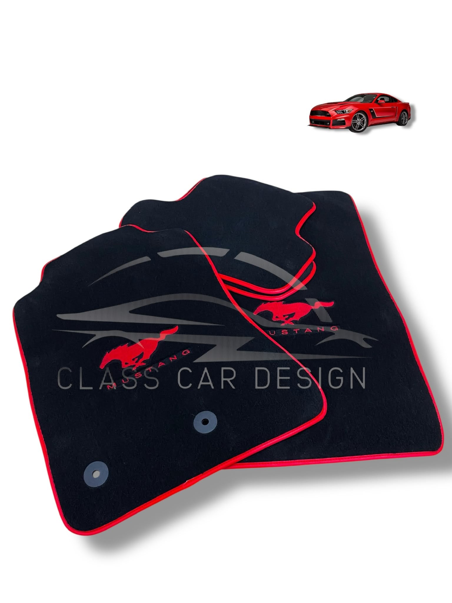 Ford Mustang (2015+) Custom Fit Floor Mats Red Edging - Complete Set Overview | Class Car Design
