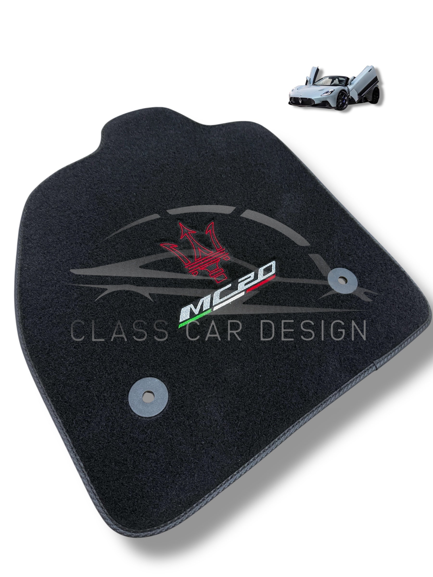 Maserati MC20 Custom Fit Floor Mats Emblem Gray Edging - Complete Set Overview | Class Car Design