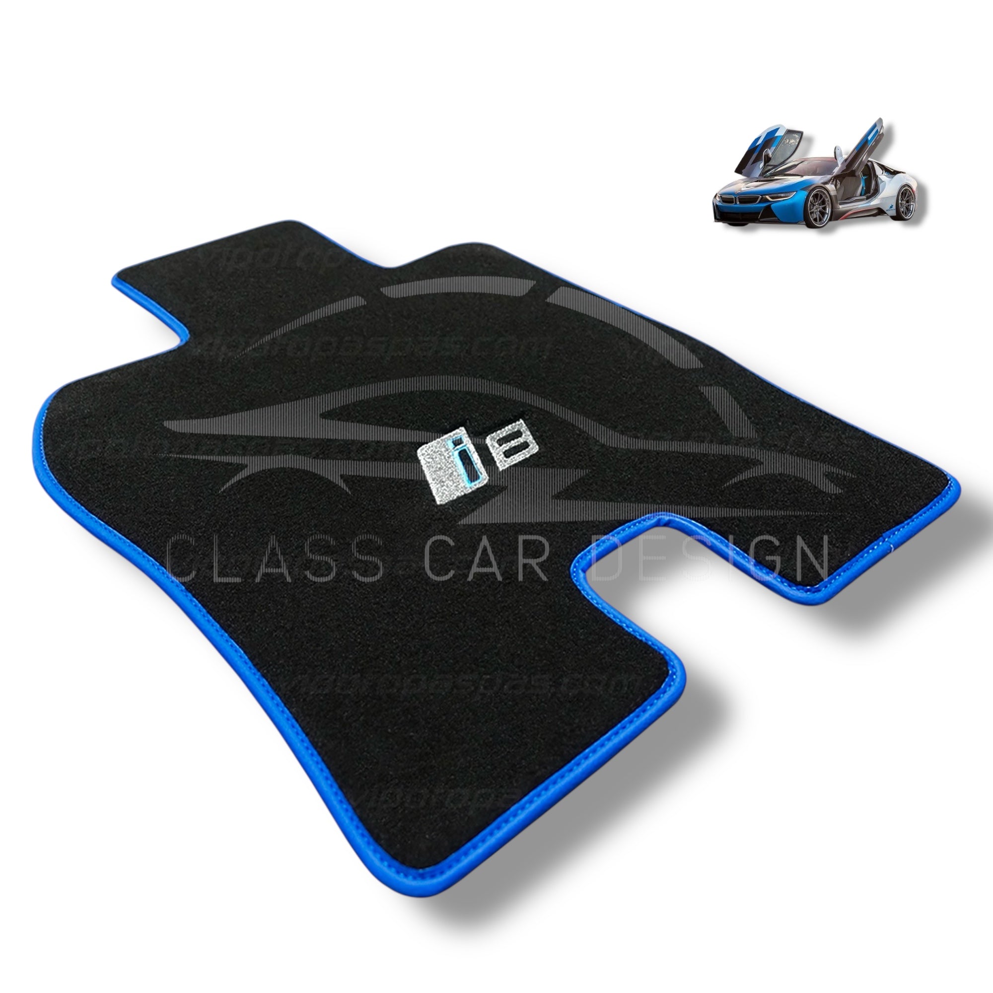 BMW i8 Custom Fit Floor Mats Blue Edging - Complete Set Overview | Class Car Design