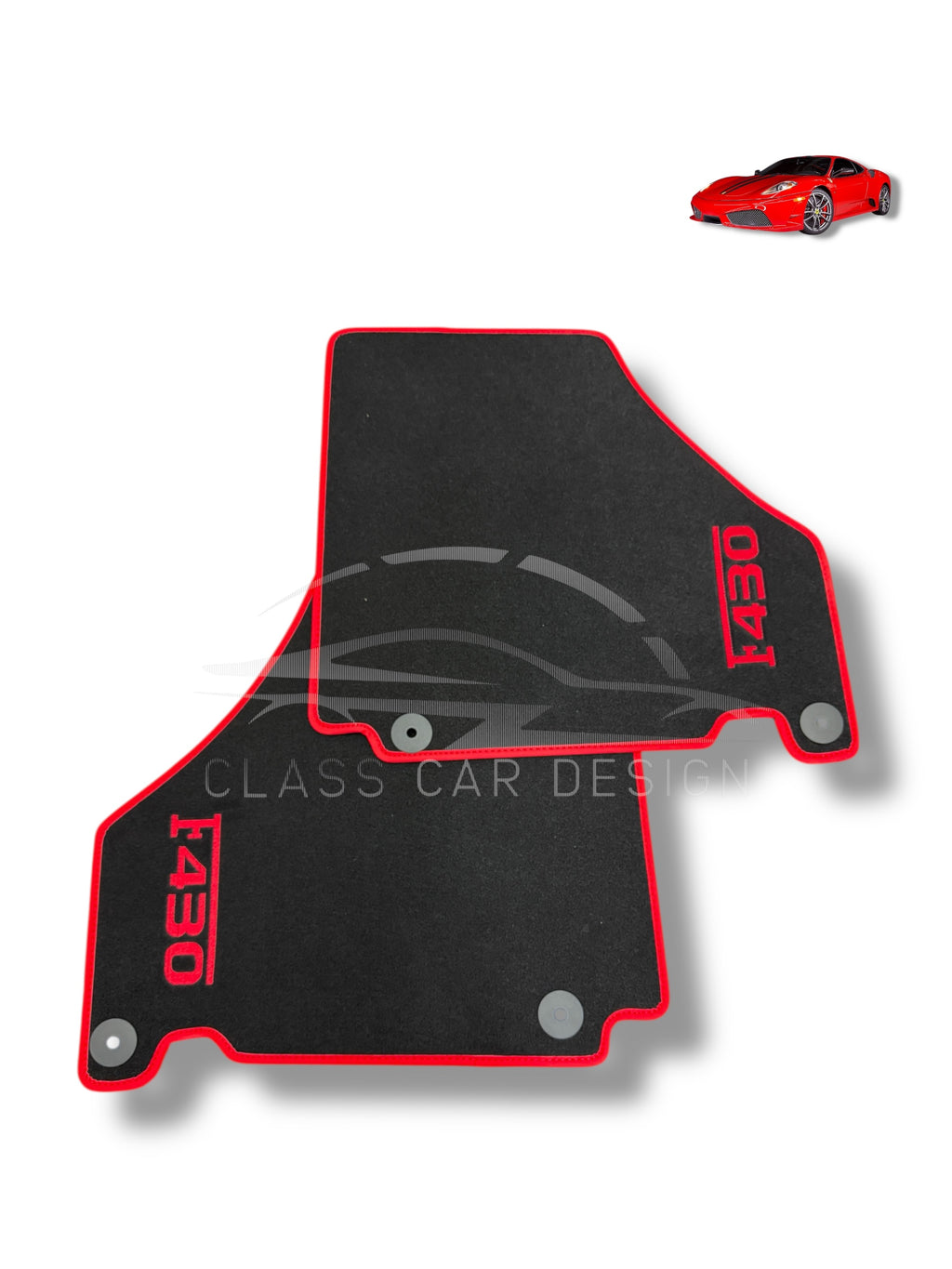 Ferrari F430 (2004-2009) Custom Fit Floor Mats Emblem Red Edging - Complete Set Overview | Class Car Design