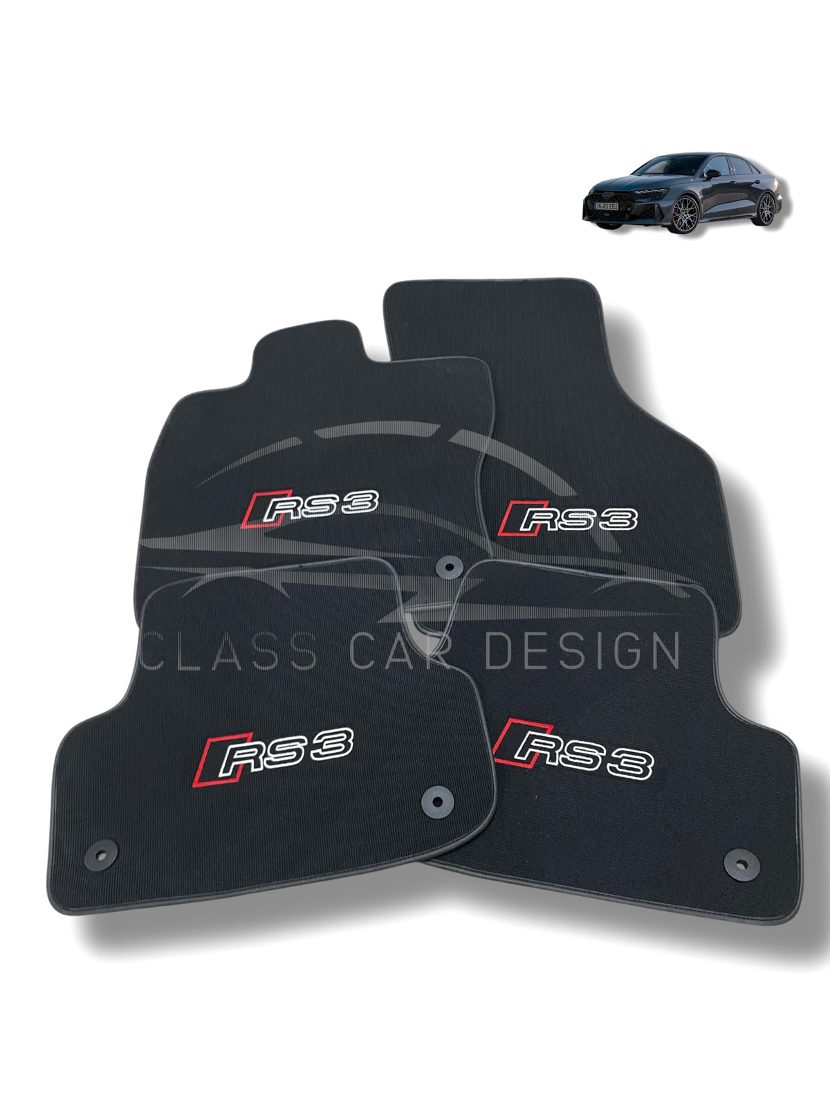 Audi RS 3 8Y 4-Door Sedan (2021-2024) Custom Fit Floor Mats Black Edging - Complete Set Overview | Class Car Design
