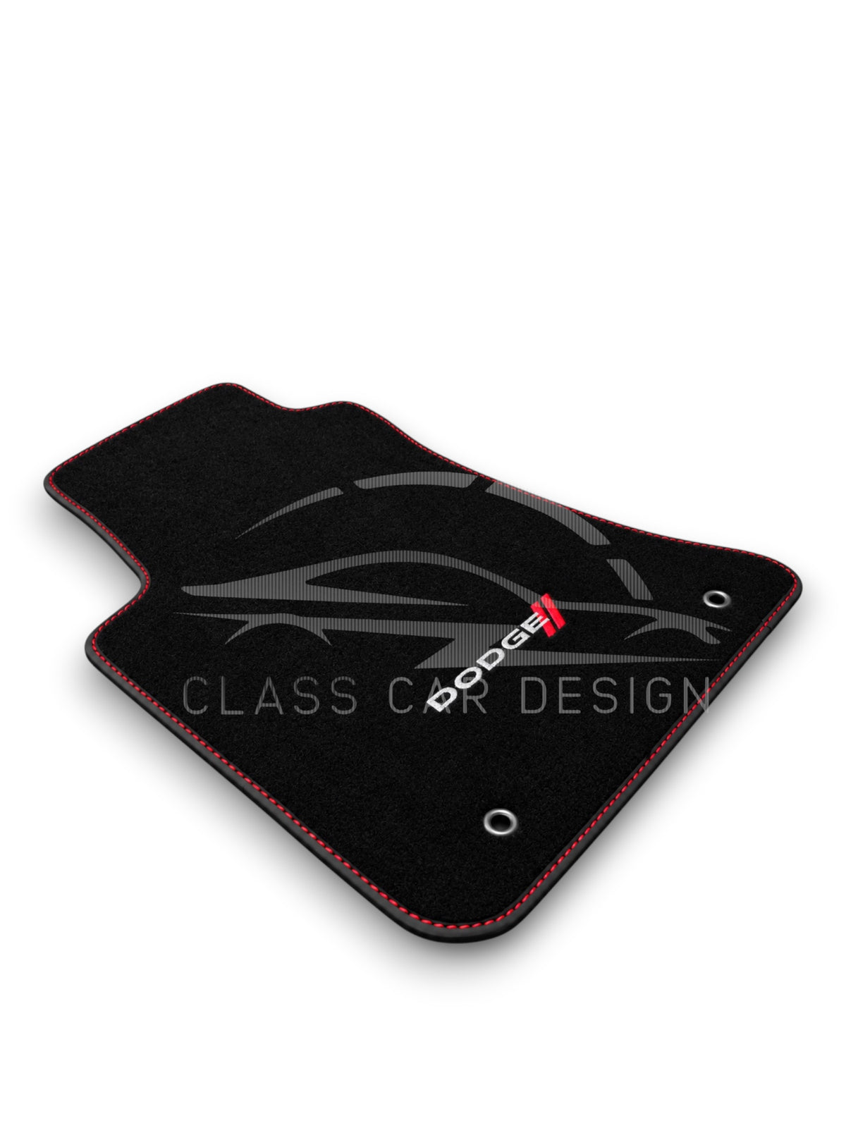 Dodge Challenger (2008+) Custom Fit Floor Mats Emblem Red Stitching - Complete Set Overview | Class Car Design