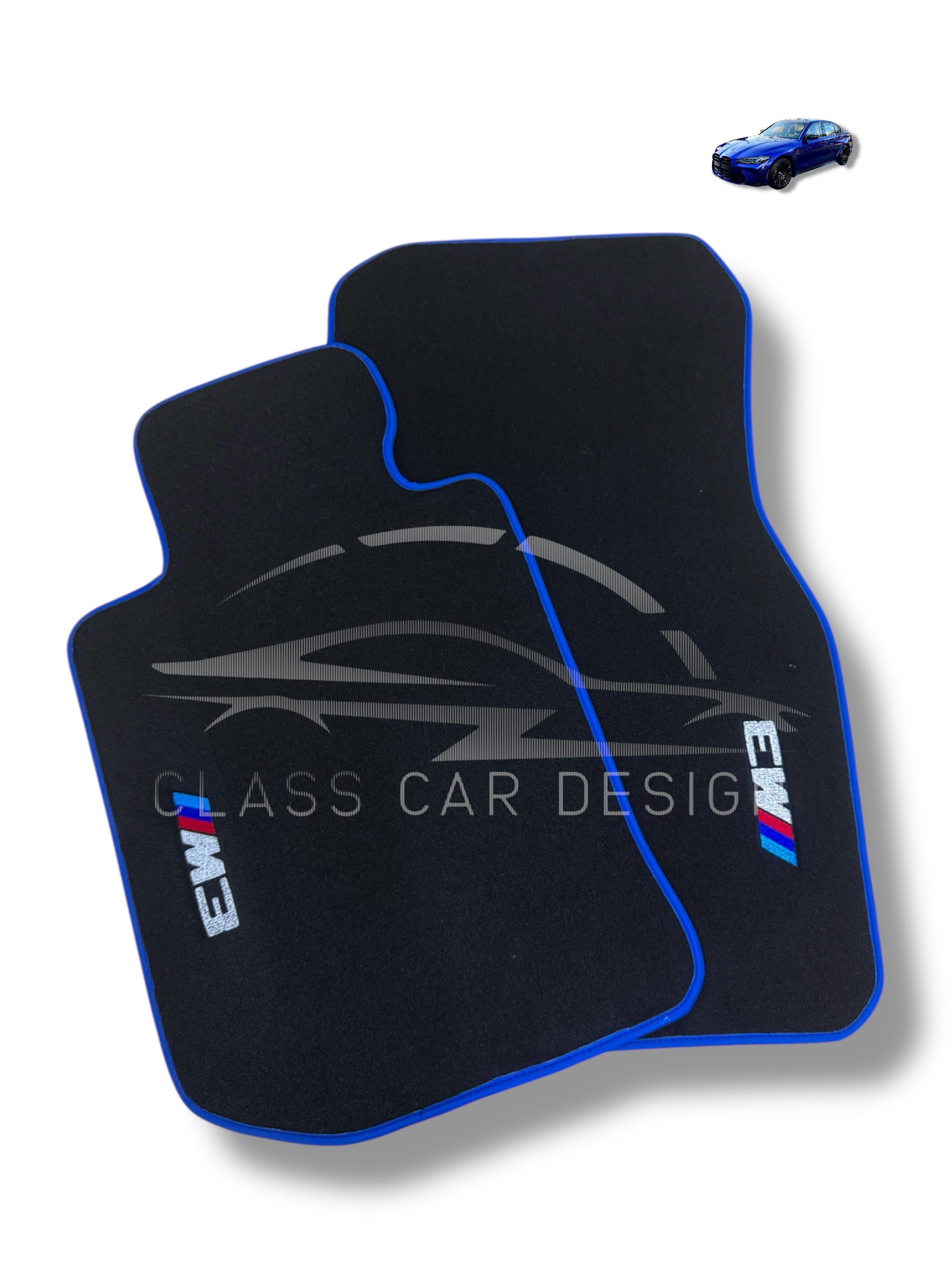 BMW M3 4-door E90 (2007-2013) Custom Fit Floor Mats M Blue Edging - Complete Set Overview | Class Car Design