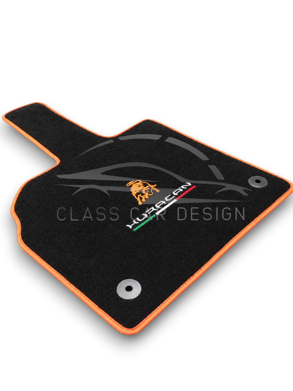 Lamborghini Huracan EVO Custom Fit Floor Mats Emblem Orange Edging - Complete Set Overview | Class Car Design