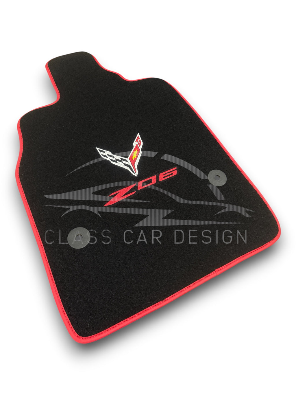 Chevrolet Corvette C7 (2014-2019) Custom Fit Floor Mats Z06 Red Edging - Complete Set Overview | Class Car Design