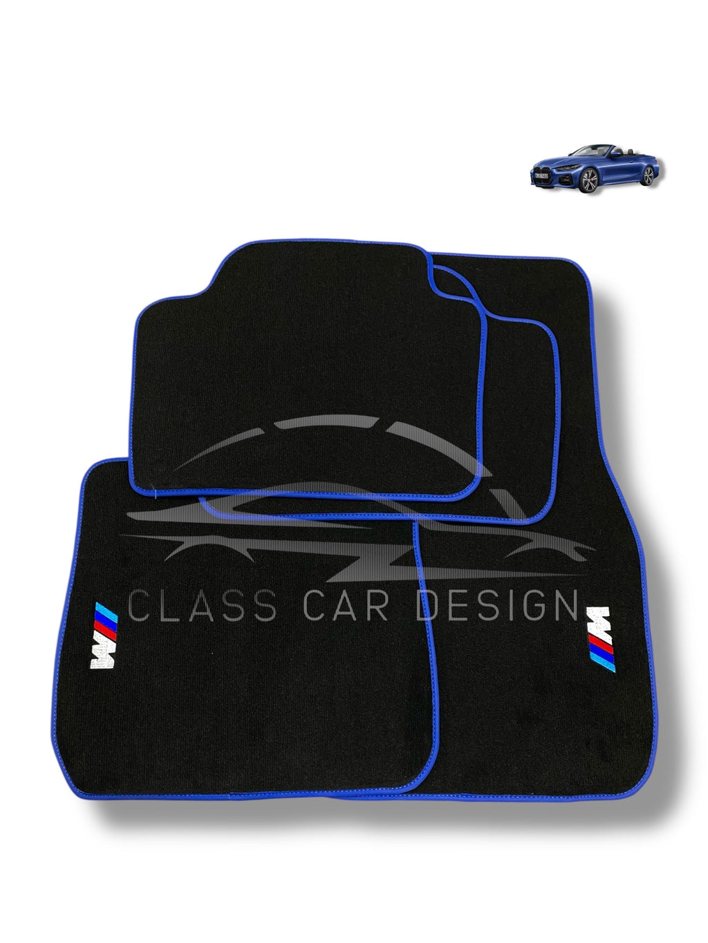 BMW i8 Custom Fit Floor Mats M Sport Blue Edging - Complete Set Overview | Class Car Design