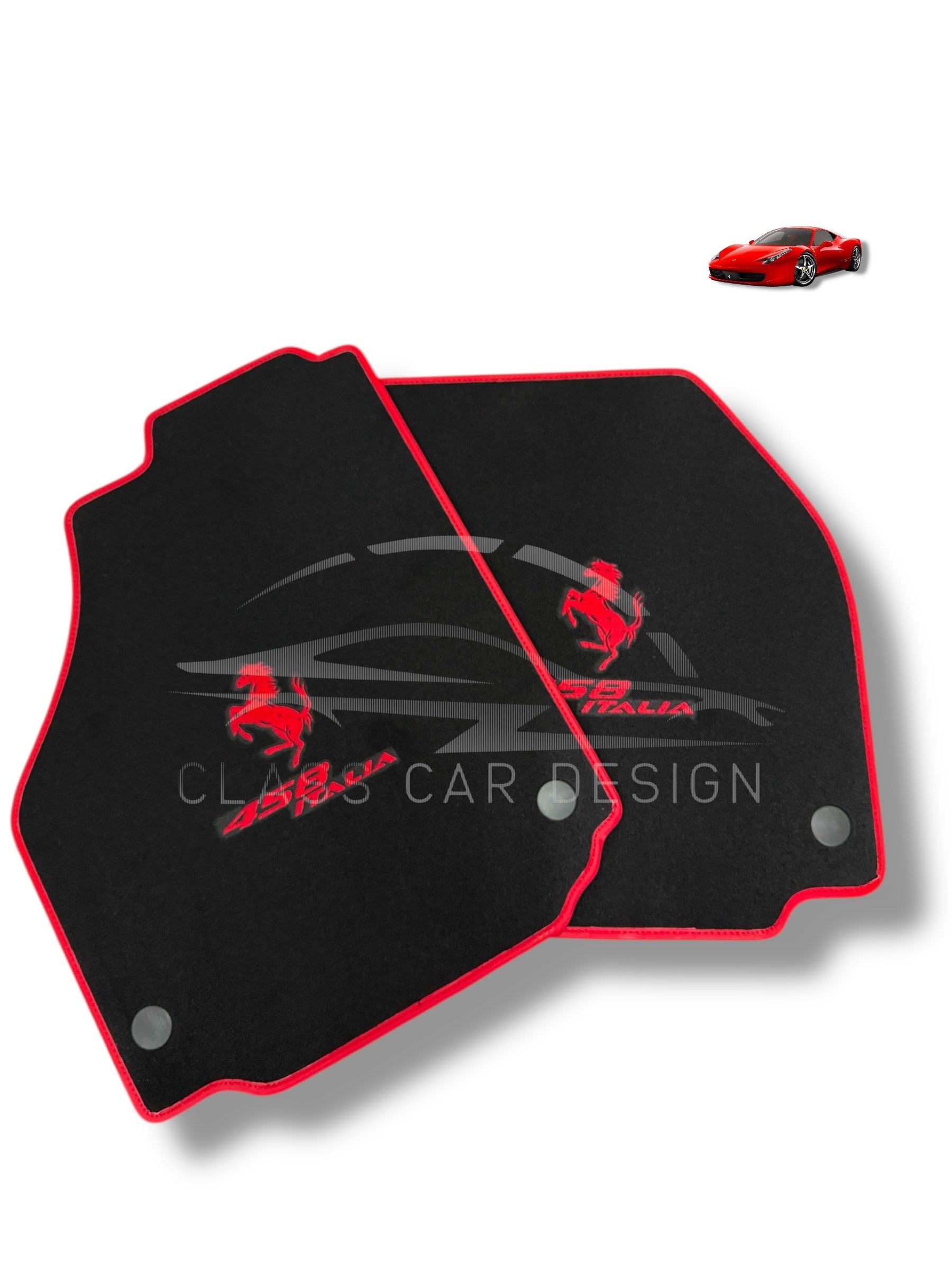 Ferrari 458 (2009-2015) Custom Fit Floor Mats Emblem Red Edging - Complete Set Overview | Class Car Design
