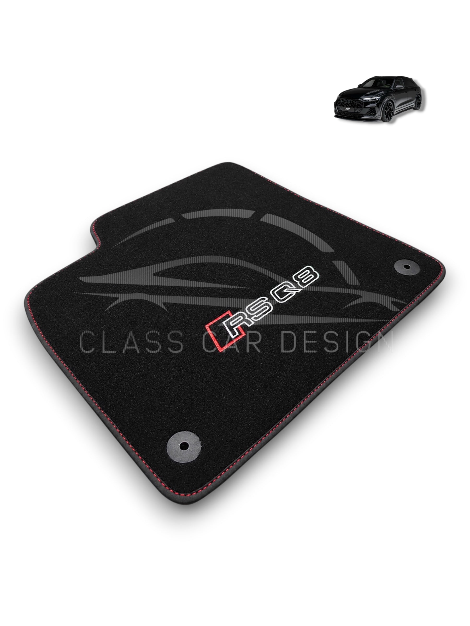 Audi RS Q8 (2019-2024) Custom Fit Floor Mats Emblem Red Stitching - Complete Set Overview | Class Car Design