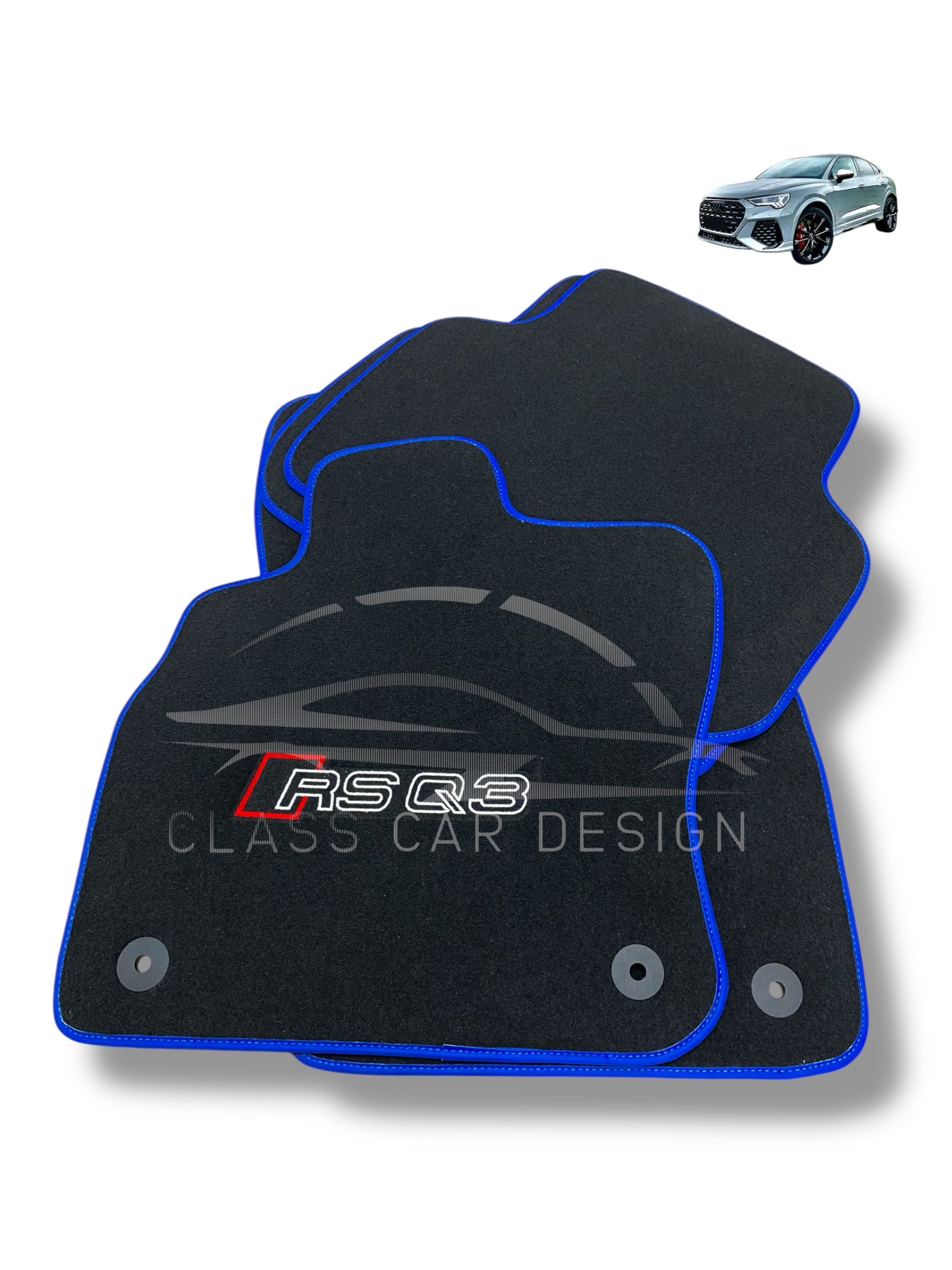 Audi RS Q3 (2013-2024) Custom Fit Floor Mats Blue Edging - Complete Set Overview | Class Car Design