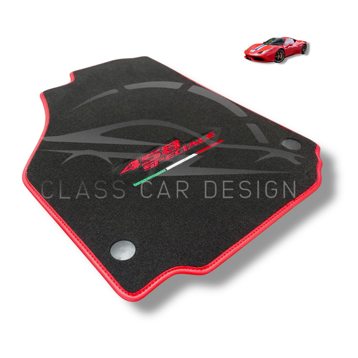 Ferrari 458 (2009-2015) Custom Fit Floor Mats Speciale Red Edging - Complete Set Overview | Class Car Design