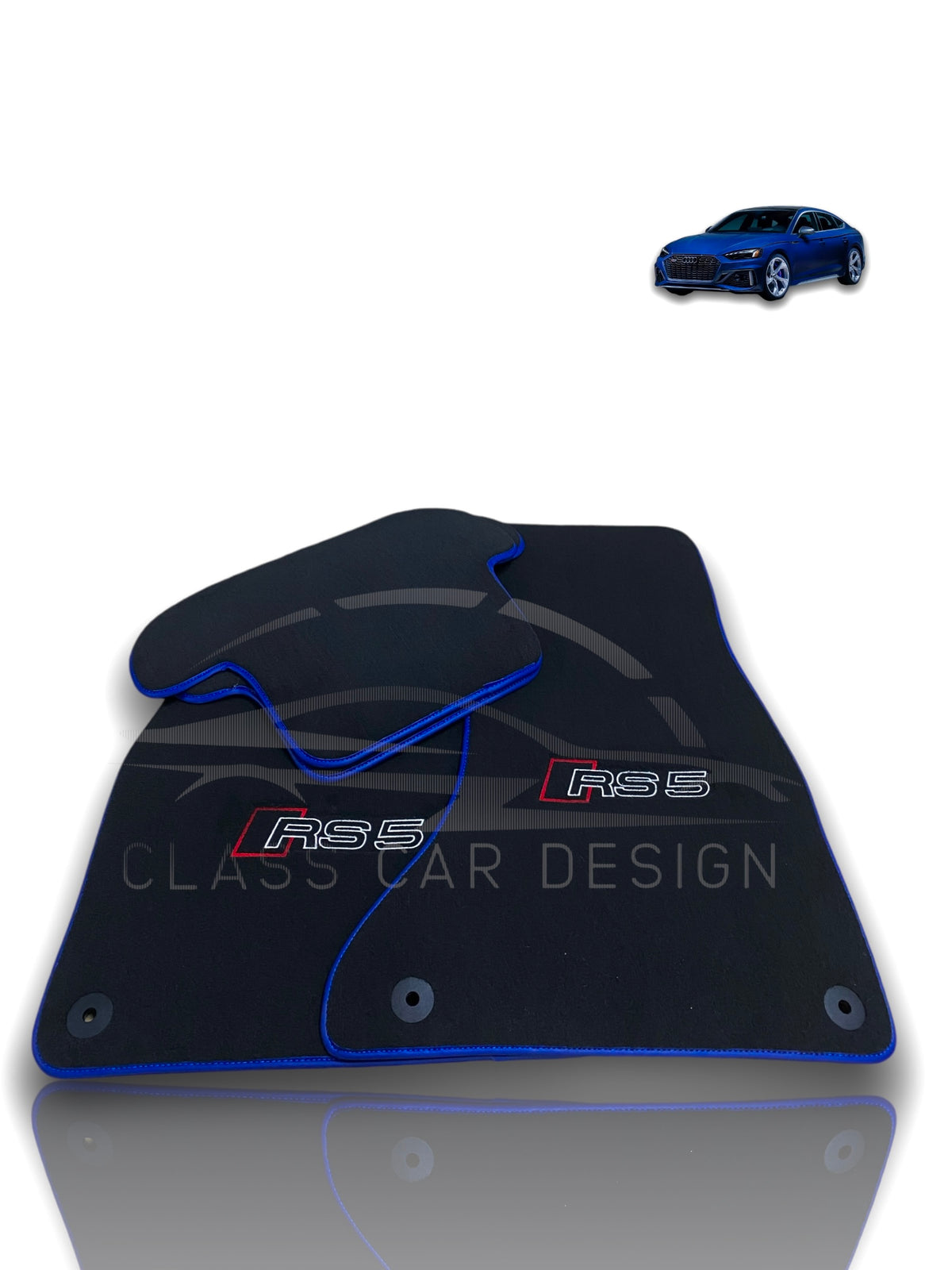 Audi RS 5 B9 5-Door Sportback (2017-2024) Custom Fit Floor Mats Blue Edging - Complete Set Overview | Class Car Design