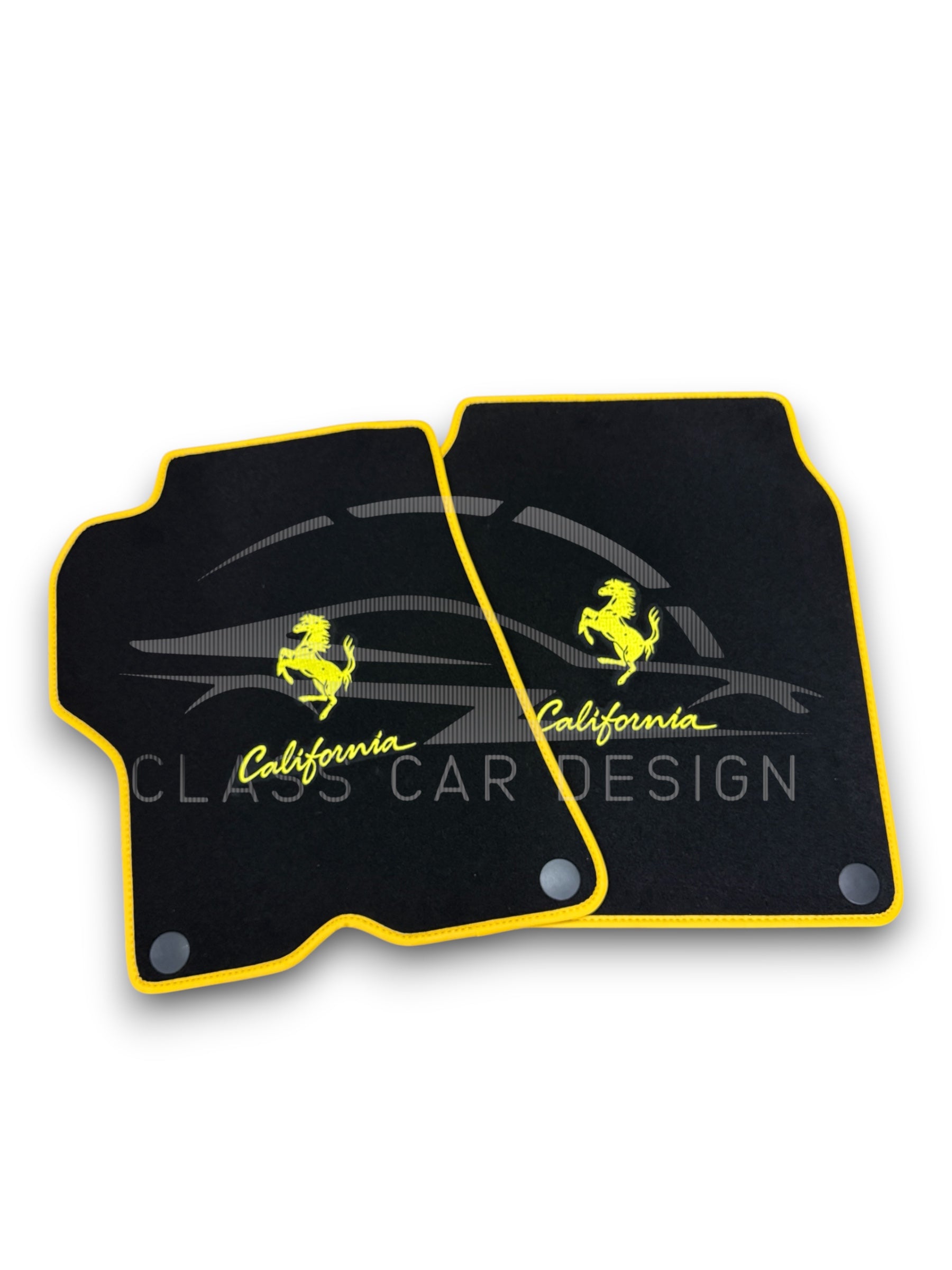 Ferrari California (2008-2014) Custom Fit Floor Mats Emblem Yellow Edging - Complete Set Overview | Class Car Design