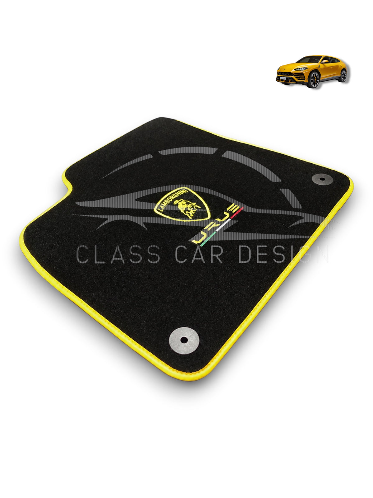 Lamborghini Urus Custom Fit Floor Mats Yellow Edging - Complete Set Overview | Class Car Design