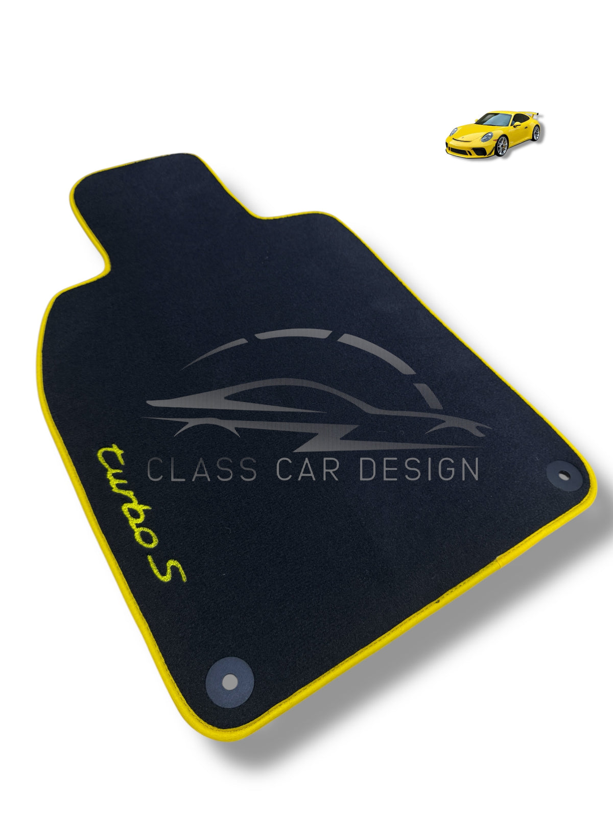 Porsche 911 992 (2019+) Custom Fit Floor Mats Turbo S Yellow Edging - Complete Set Overview | Class Car Design