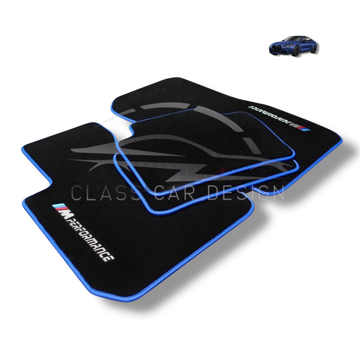 BMW E39 Custom Fit Floor Mats M Performance Blue Edging - Complete Set Overview | Class Car Design