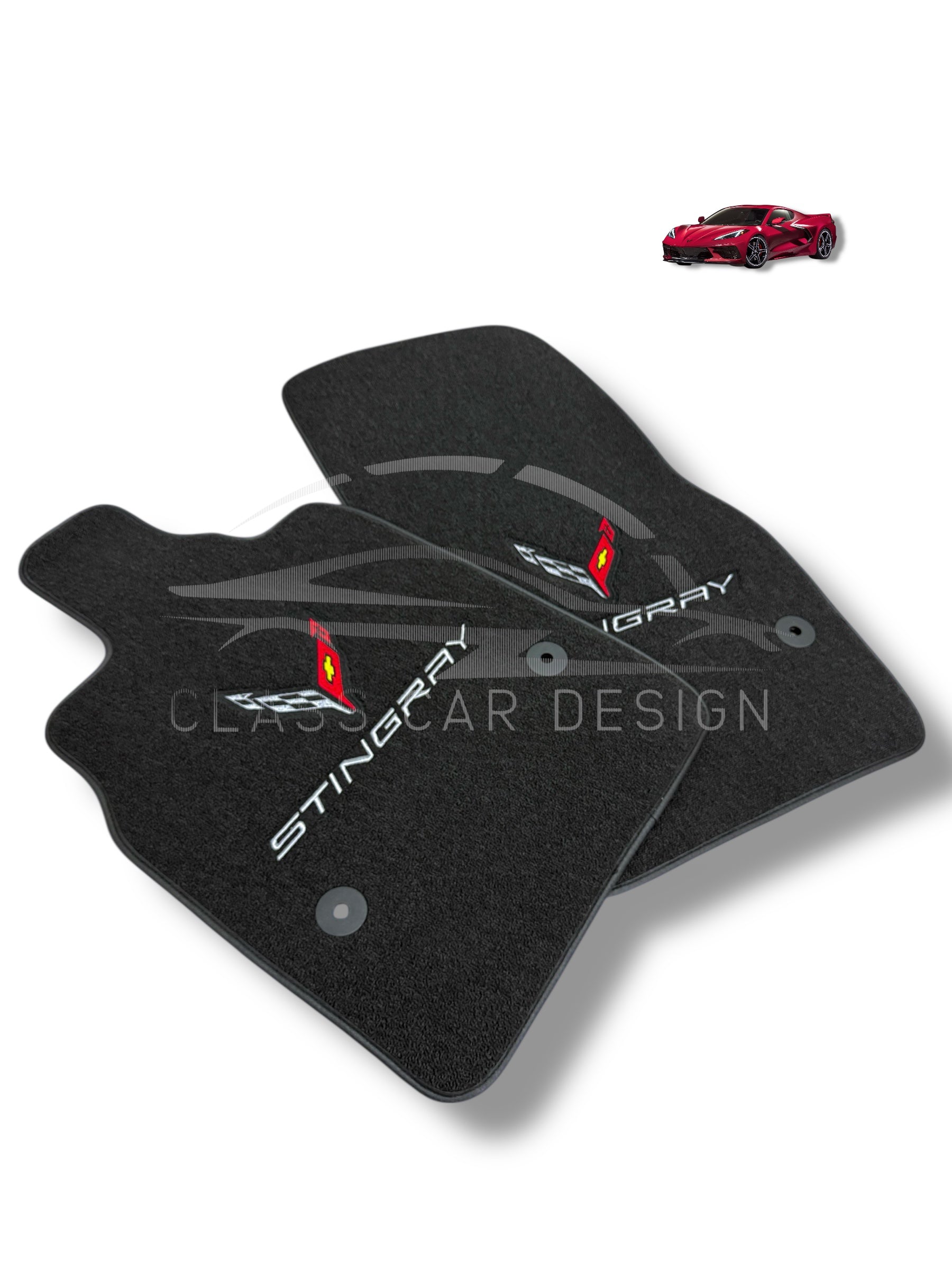 Chevrolet Corvette C8 (2020+) Custom Fit Floor Mats Stingray Emblem - Complete Set Overview | Class Car Design