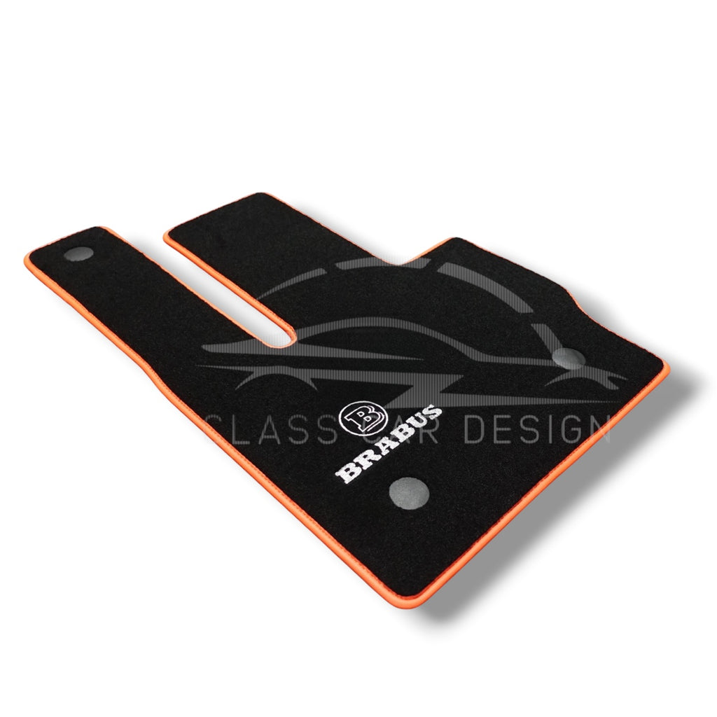 Mercedes-Benz B-Class W246 (2011-2019) Custom Fit Floor Mats Brabus Orange Edging - Complete Set Overview | Class Car Design