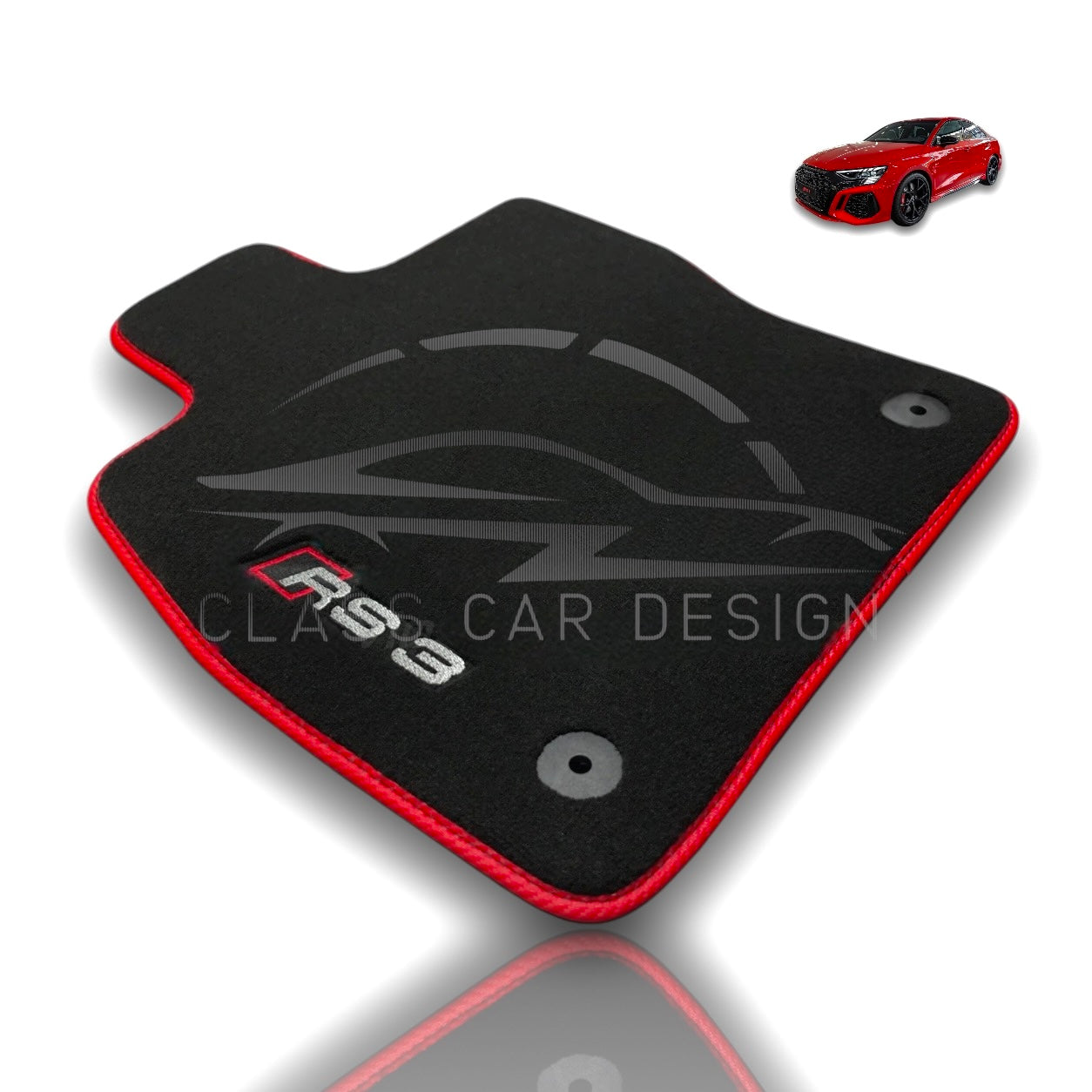 Audi RS 3 8Y 5-Door Sportback (2021-2024) Custom Fit Floor Mats Red Edging - Complete Set Overview | Class Car Design