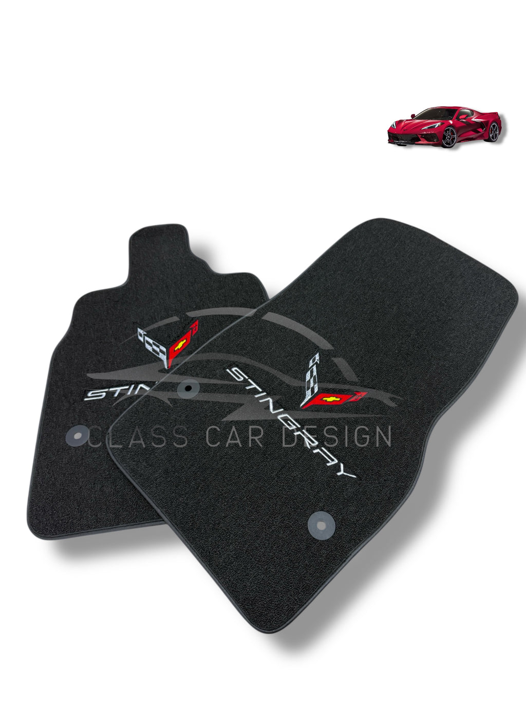Chevrolet Corvette C8 (2020+) Custom Fit Floor Mats Stingray Emblem - Full Set Top View | Class Car Design