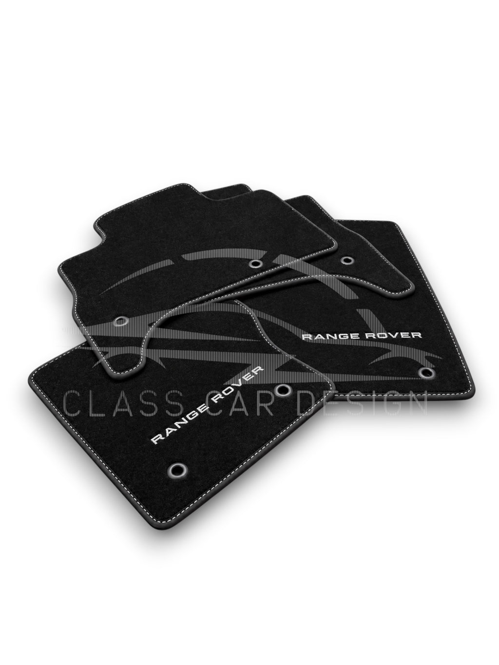 Range Rover Vogue Autobiography Long LWB (2017+) Custom Fit Floor Mats Emblem White Stitching - Full Set Top View | Class Car Design