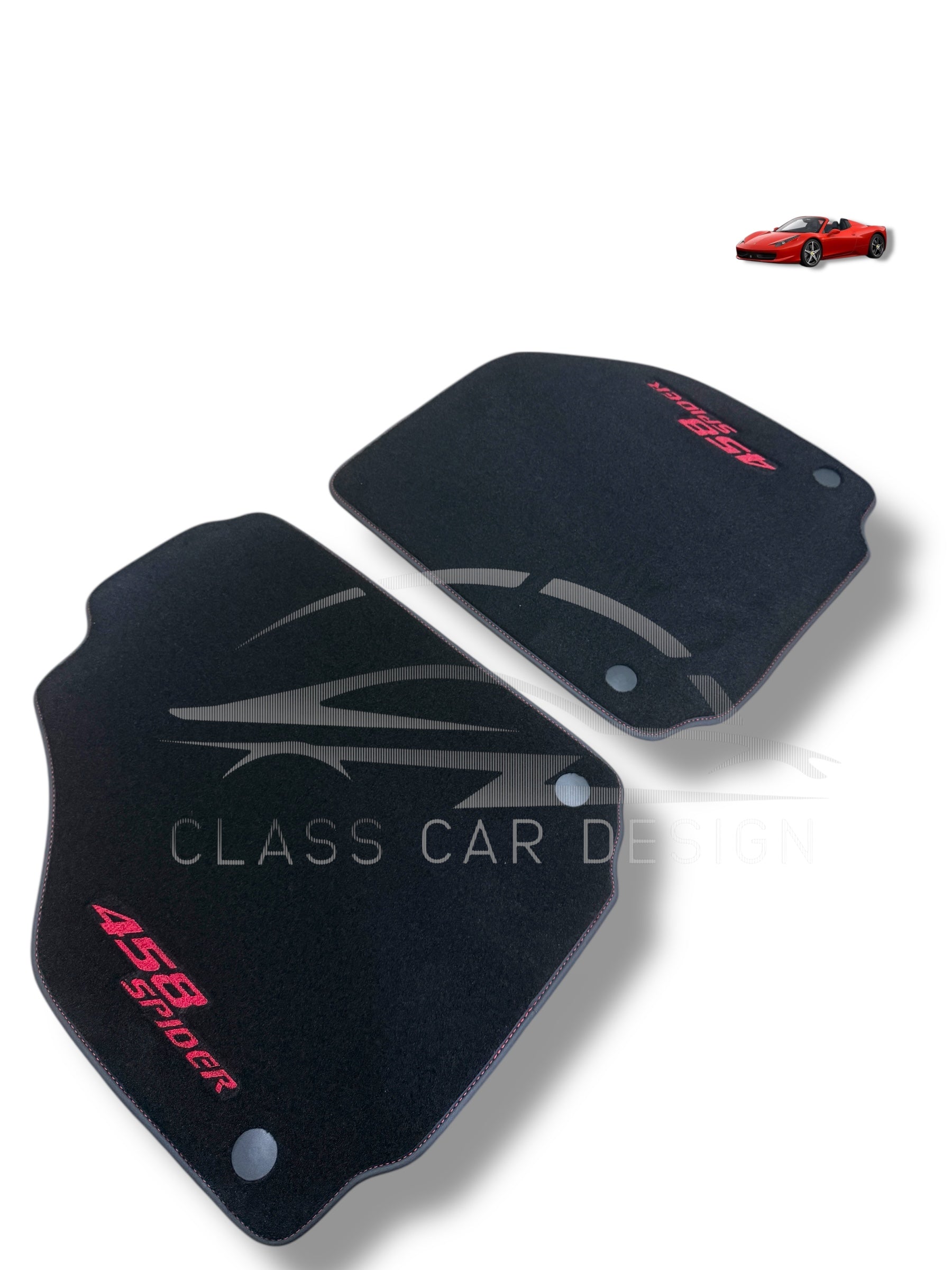 Ferrari 458 (2009-2015) Custom Fit Floor Mats Spider Red Stitching - Full Set Top View | Class Car Design