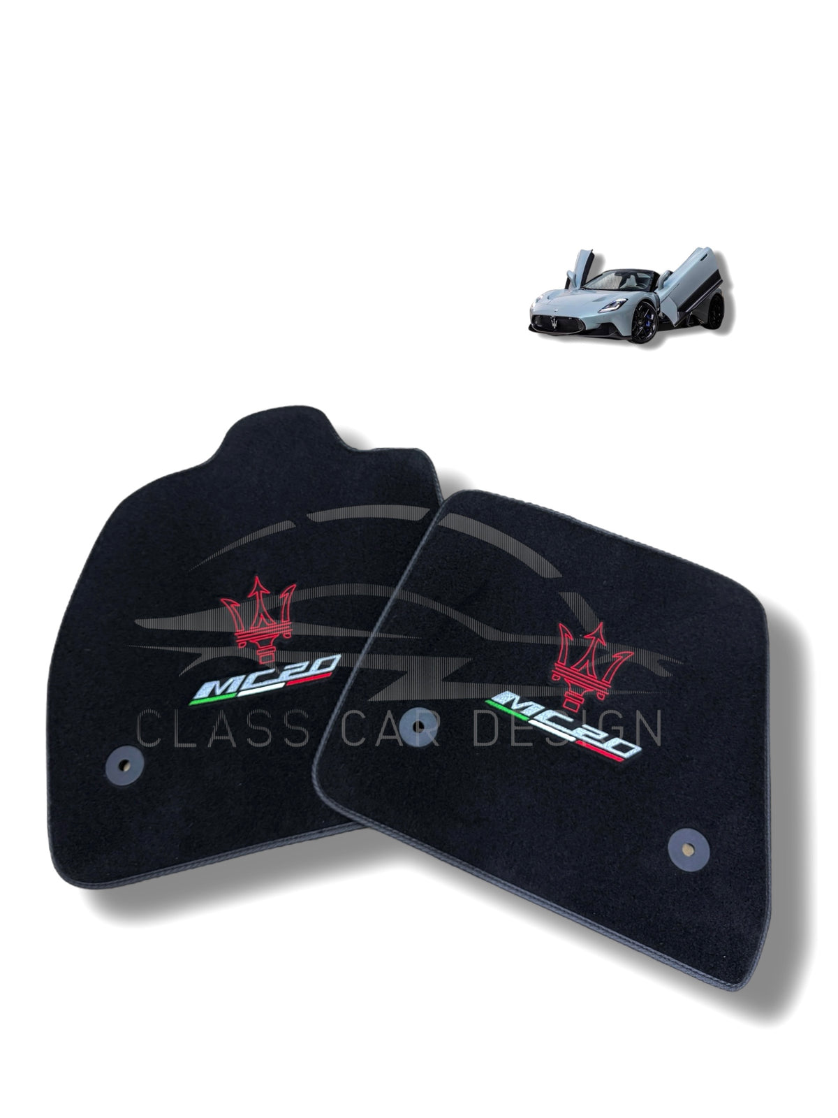 Maserati MC20 Custom Fit Floor Mats Emblem Gray Edging - Full Set Top View | Class Car Design