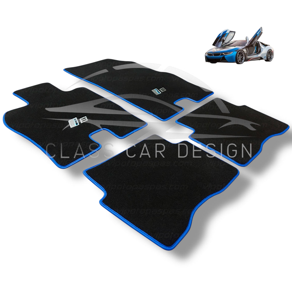 BMW i8 Custom Fit Floor Mats Blue Edging - Full Set Top View | Class Car Design