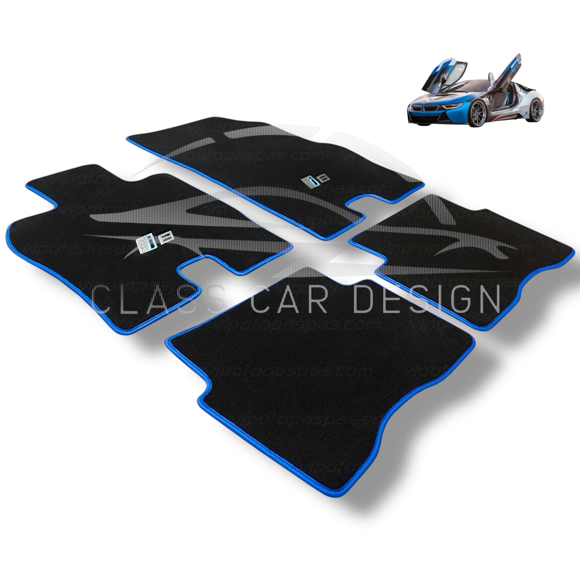 BMW i8 Custom Fit Floor Mats Blue Edging - Full Set Top View | Class Car Design