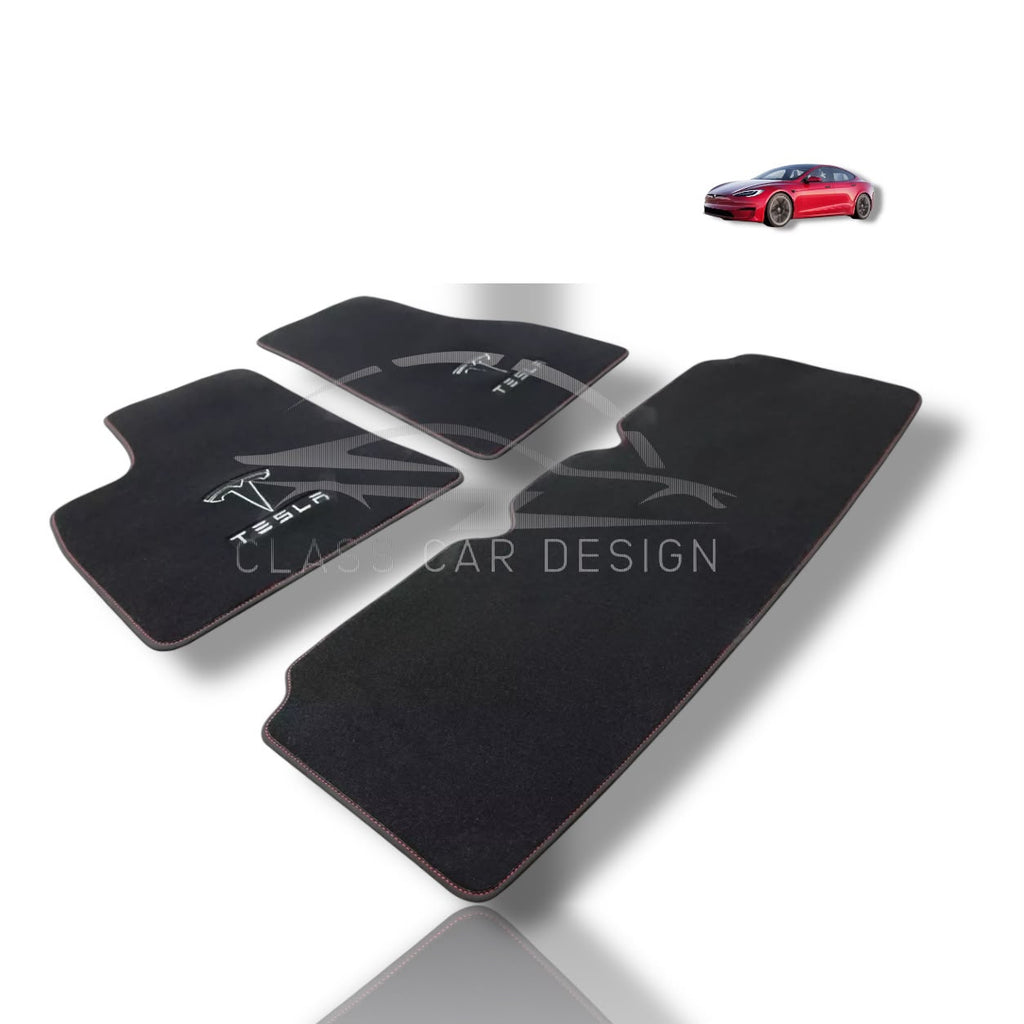 Tesla Model Y (2025+) Custom Fit Floor Mats Plaid Red - Full Set Top View | Class Car Design