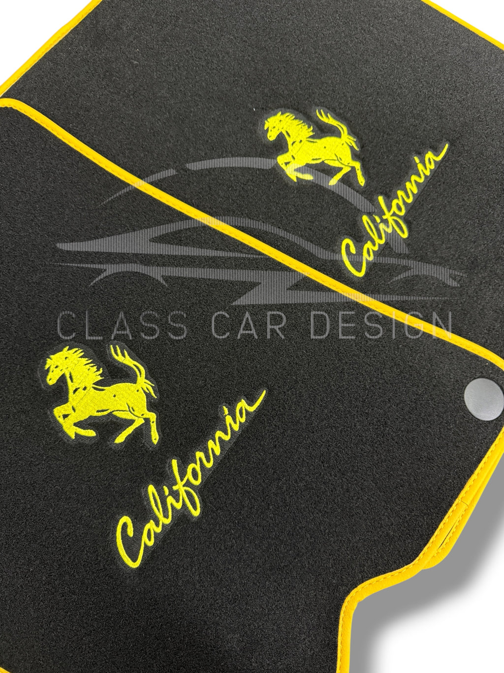 Ferrari California T (2015-2018) Custom Fit Floor Mats Emblem Yellow Edging - Full Set Top View | Class Car Design