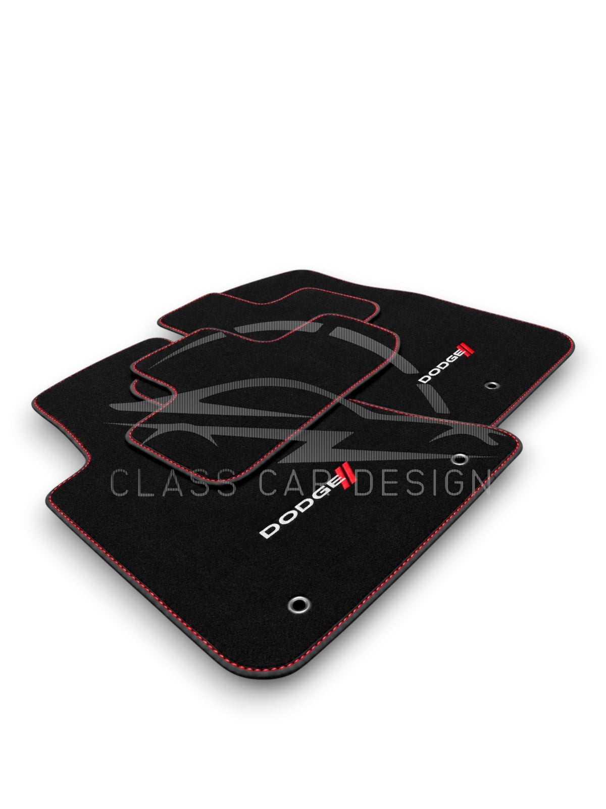 Dodge Challenger (2008+) Custom Fit Floor Mats Emblem Red Stitching - Full Set Top View | Class Car Design