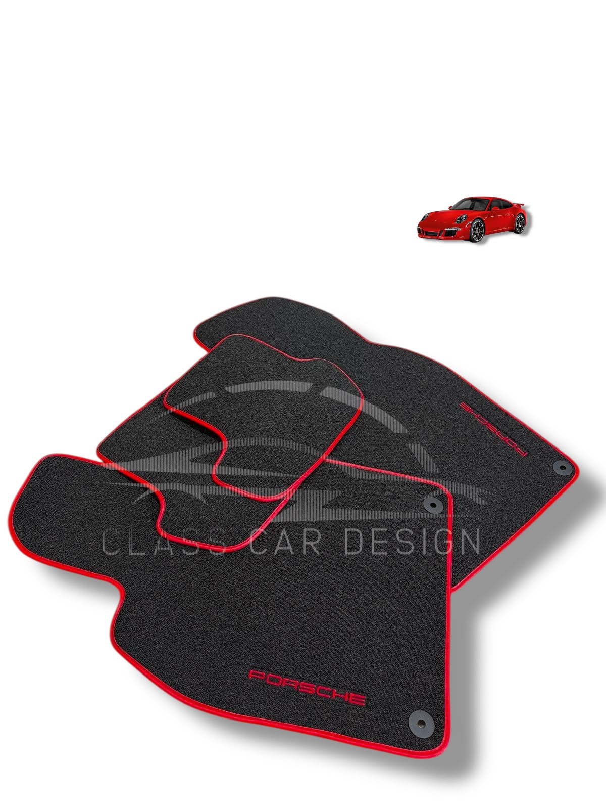 Porsche 981 Boxster (2013-2016) Custom Fit Floor Mats Red Edging - Full Set Top View | Class Car Design