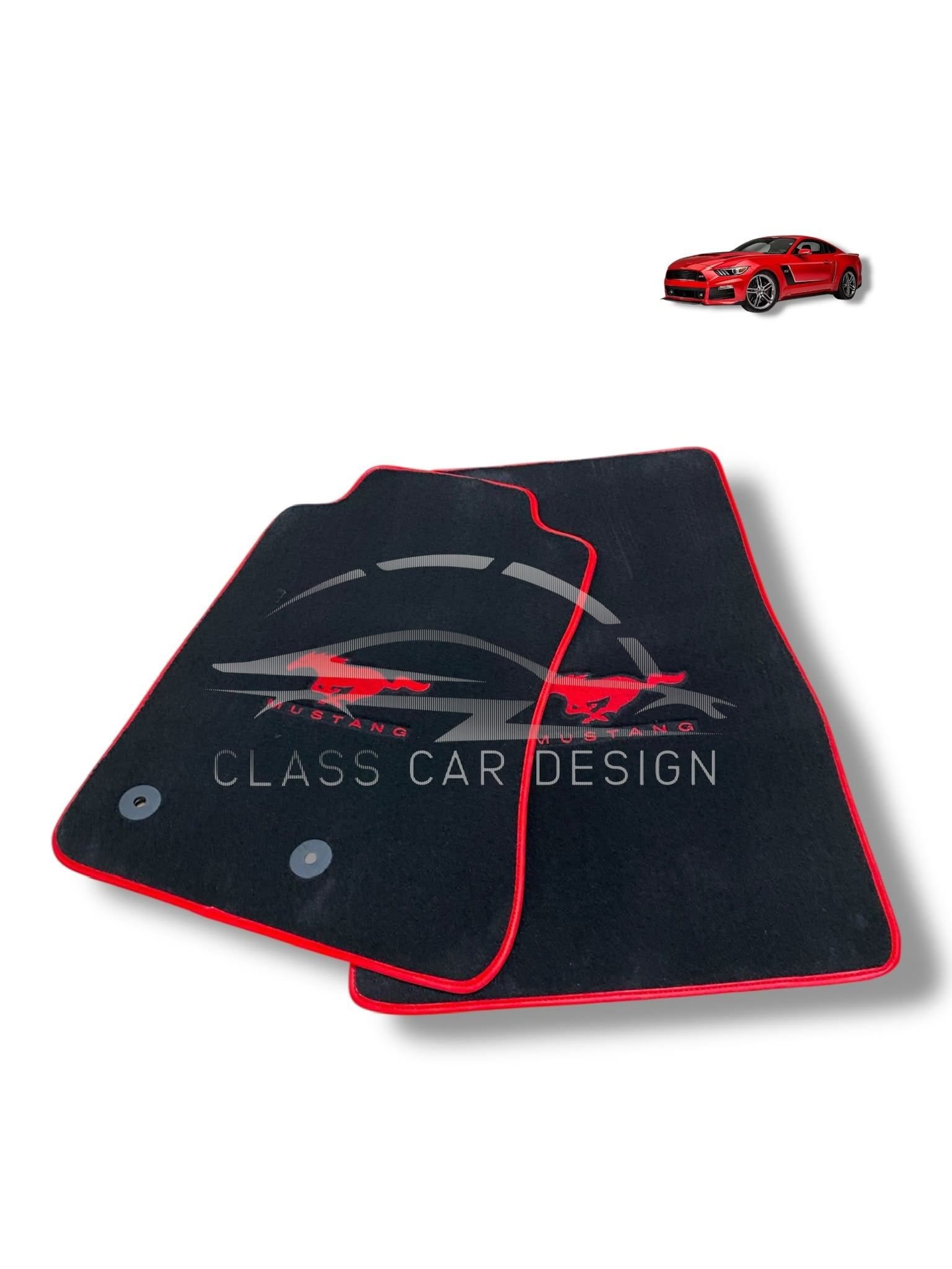 Ford Mustang Mach-E (2021+) Custom Fit Floor Mats Red Edging - Full Set Top View | Class Car Design