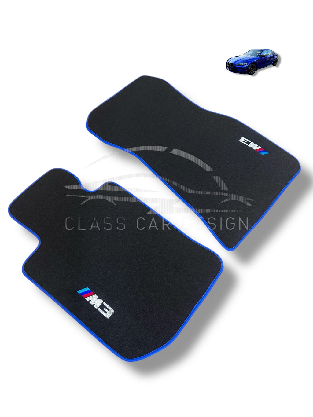 BMW M3 E36 (1992-1999) Custom Fit Floor Mats M Blue Edging - Full Set Top View | Class Car Design
