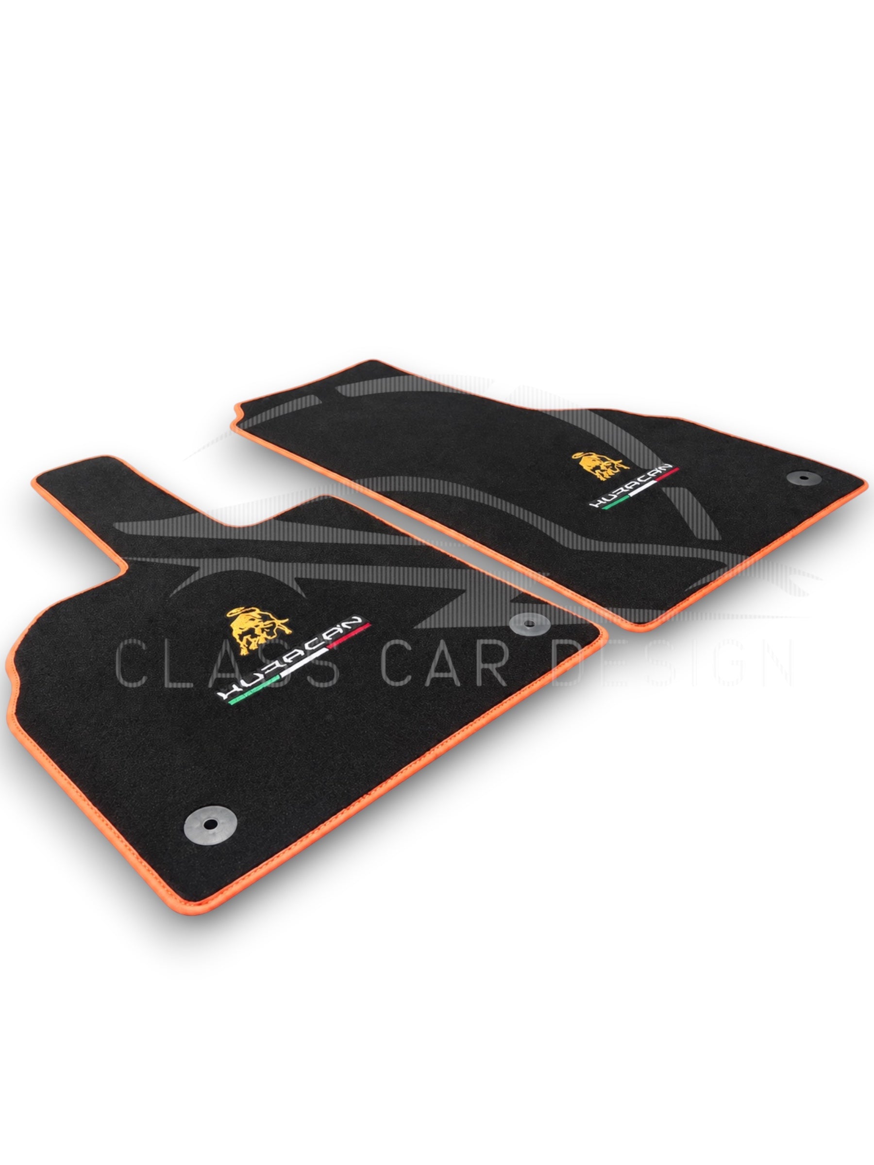 Lamborghini Huracan Sterrato Custom Fit Floor Mats Emblem Orange Edging - Full Set Top View | Class Car Design