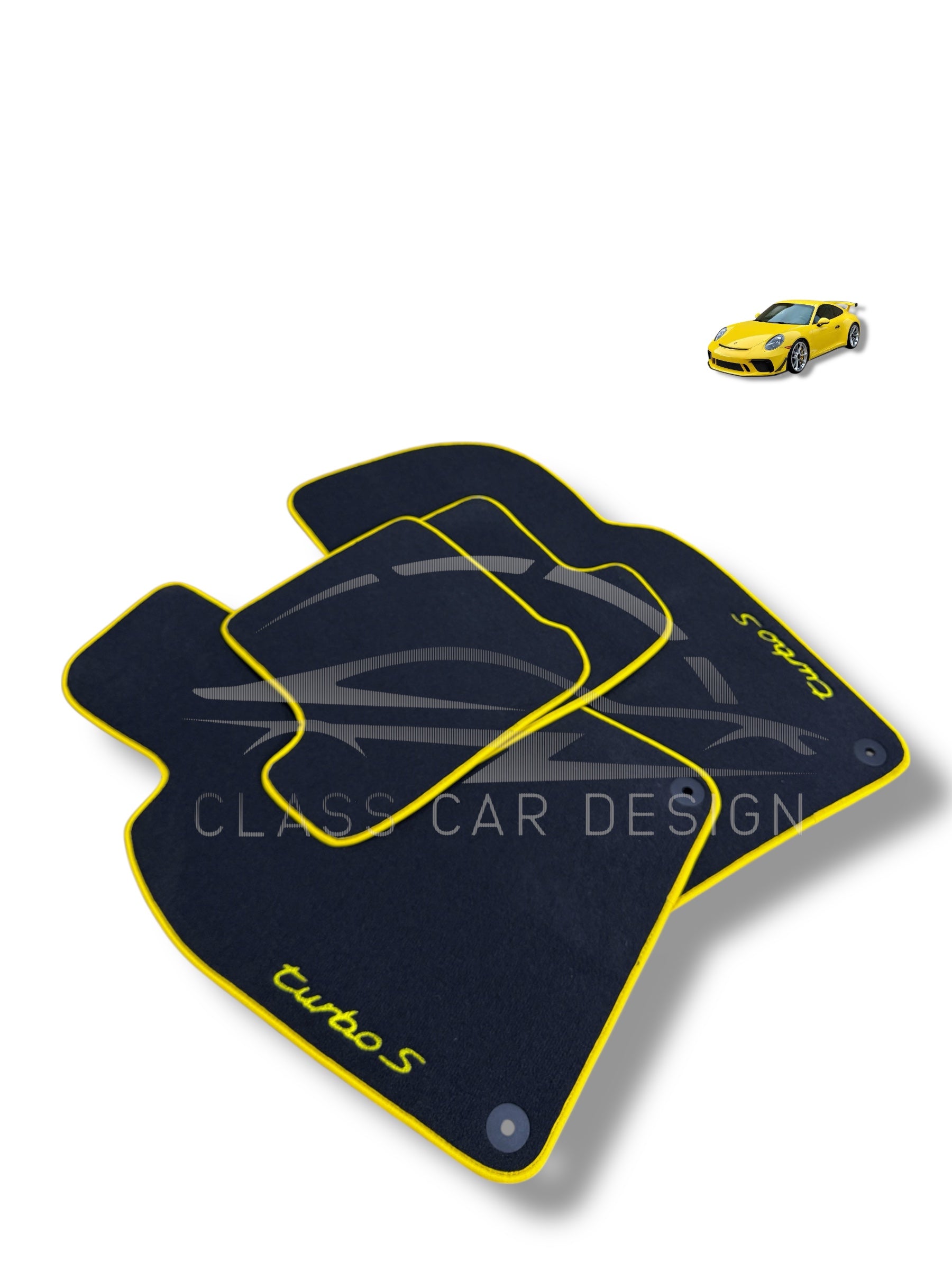 Porsche 911 964 (1989-1994) Custom Fit Floor Mats Turbo S Yellow Edging - Full Set Top View | Class Car Design