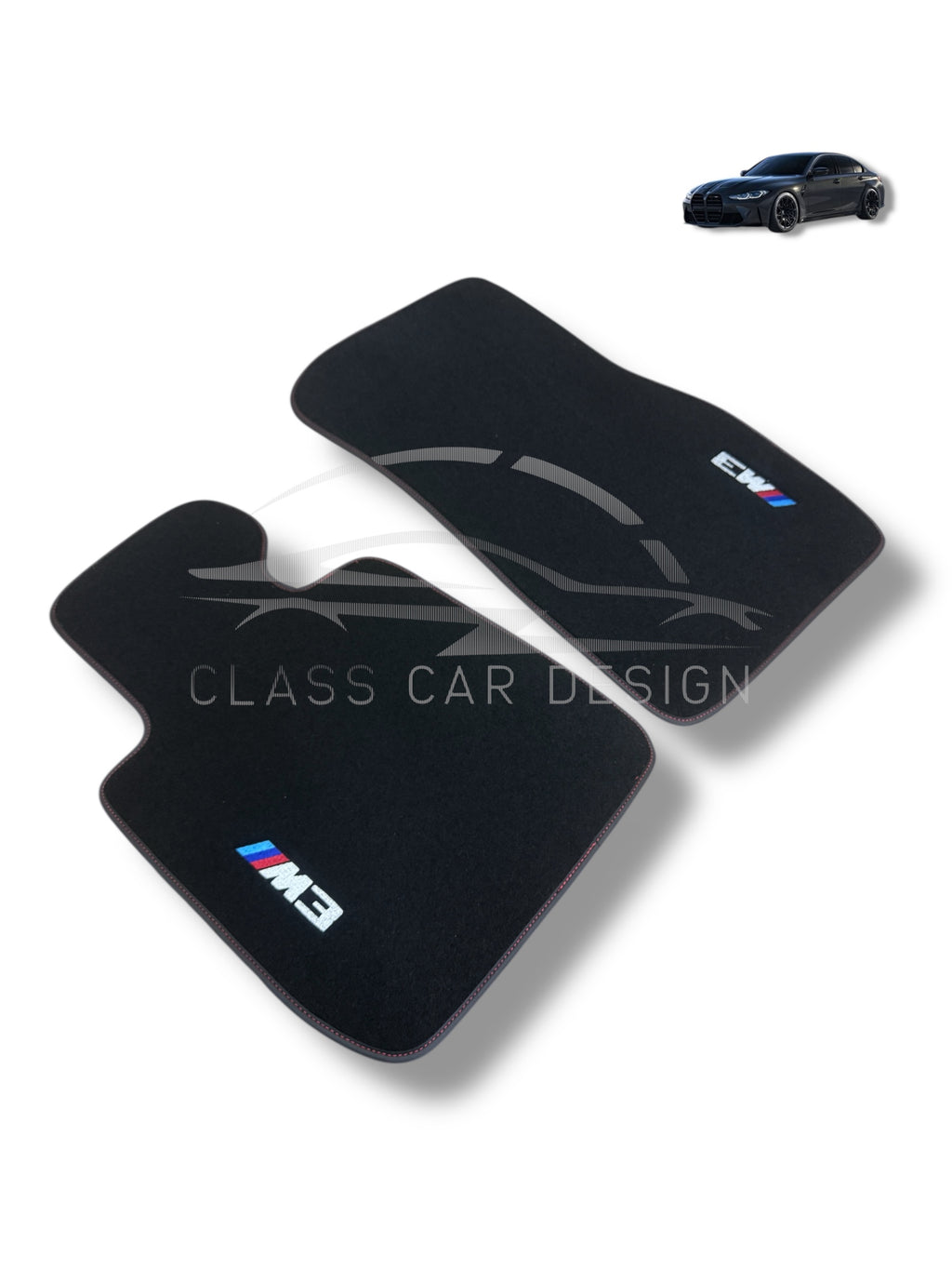 BMW M3 E30 (1986-1991) Custom Fit Floor Mats M Red Stitching - Full Set Top View | Class Car Design