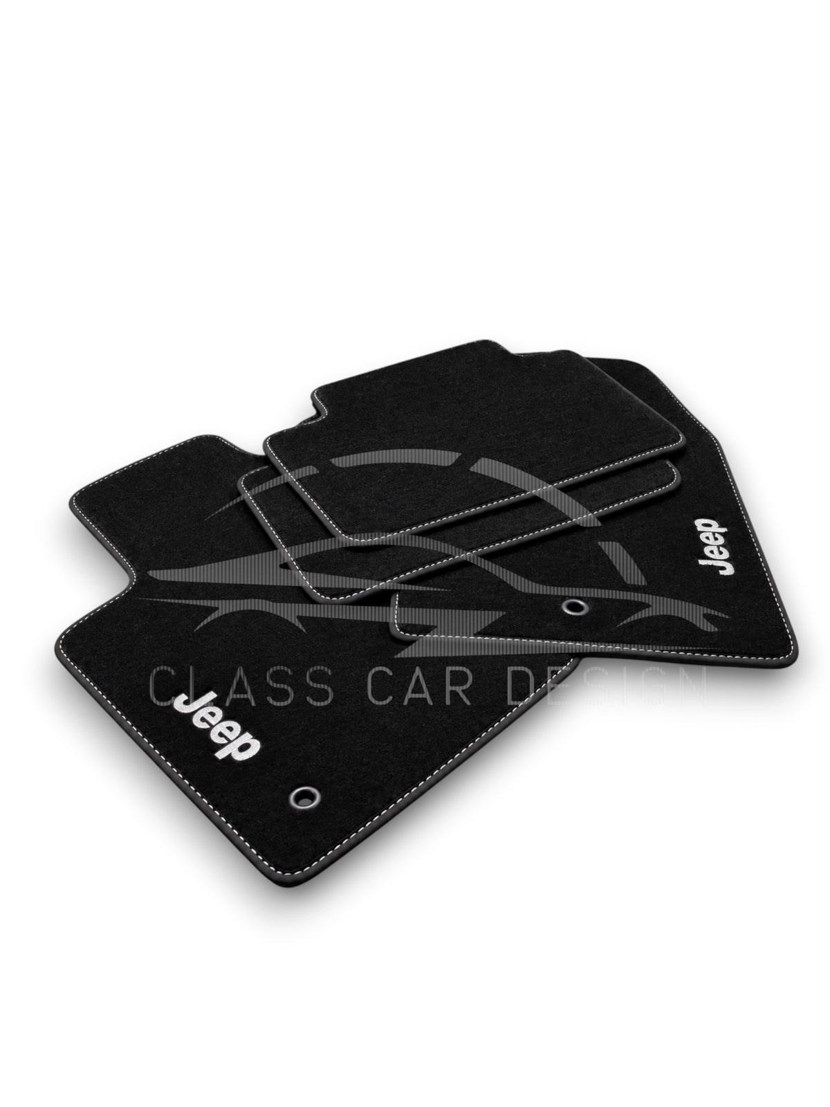 Jeep Liberty KK (2008-2013) Custom Fit Floor Mats Emblem White Stitching - Full Set Top View | Class Car Design
