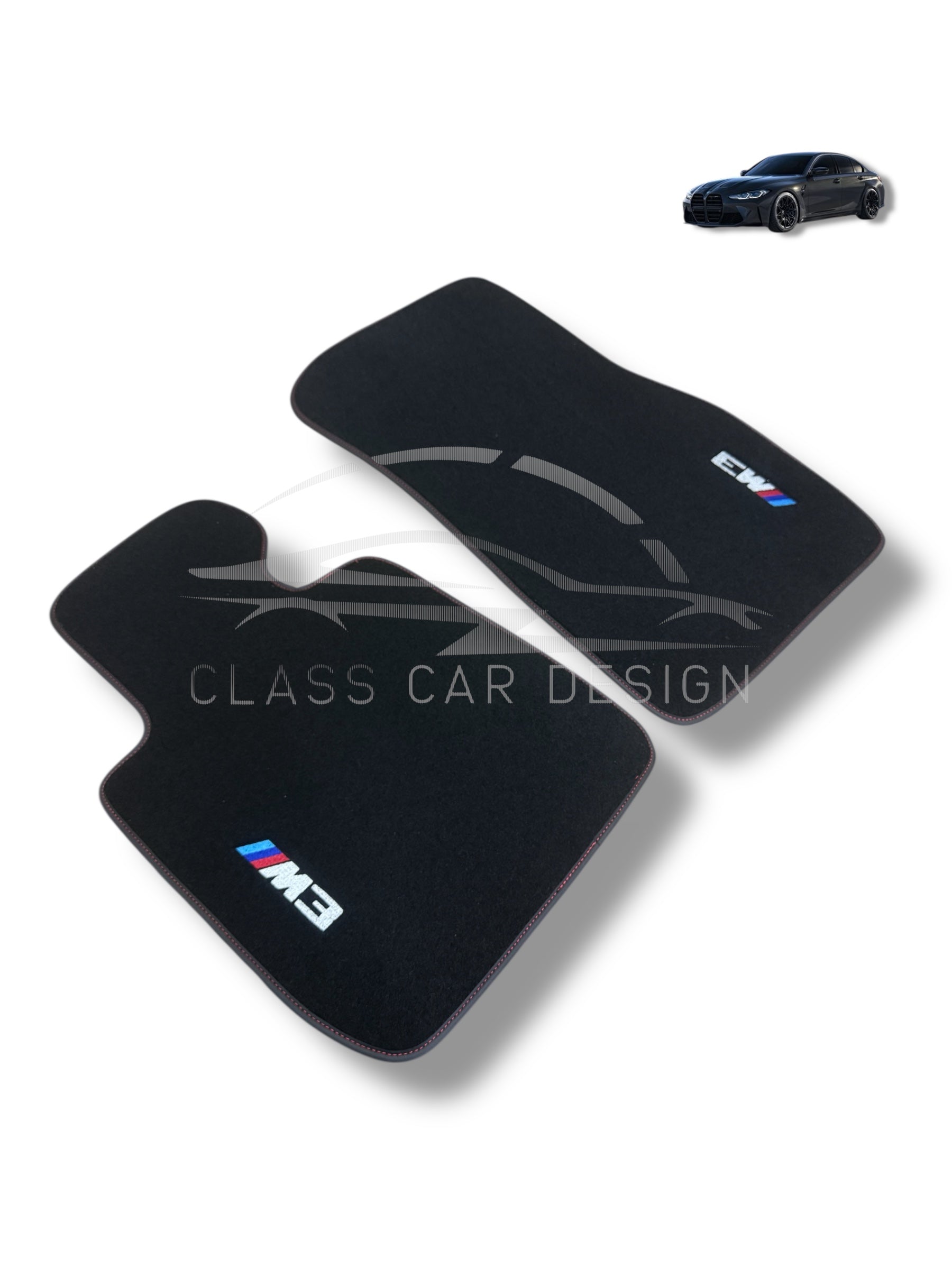 BMW M3 4-door E90 (2007-2013) Custom Fit Floor Mats M Red Stitching - Full Set Top View | Class Car Design