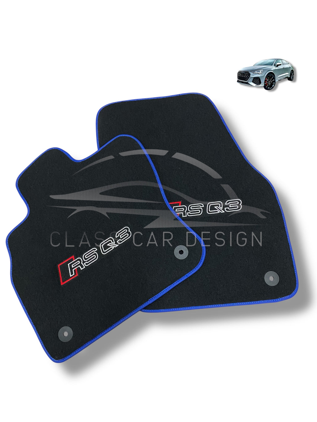 Audi RS Q3 (2013-2024) Custom Fit Floor Mats Blue Edging - Full Set Top View | Class Car Design