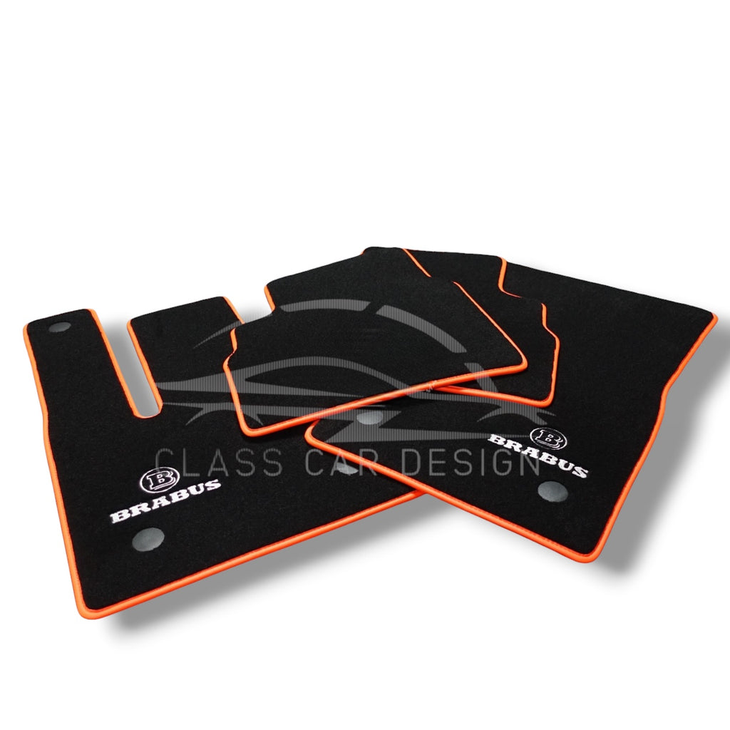 Mercedes-Benz C-Class W205 Sedan Facelift (2018-2021) Custom Fit Floor Mats Brabus Orange Edging - Full Set Top View | Class Car Design