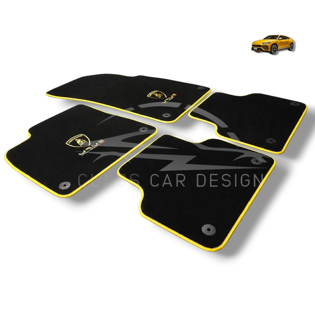 Lamborghini Urus Custom Fit Floor Mats Yellow Edging - Full Set Top View | Class Car Design