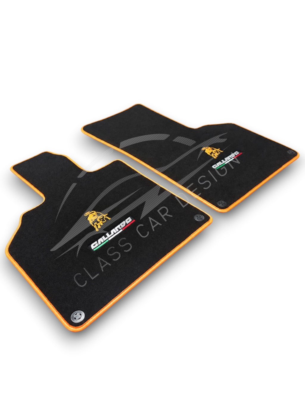 Lamborghini Gallardo Custom Fit Floor Mats Emblem Orange Edging - Full Set Top View | Class Car Design