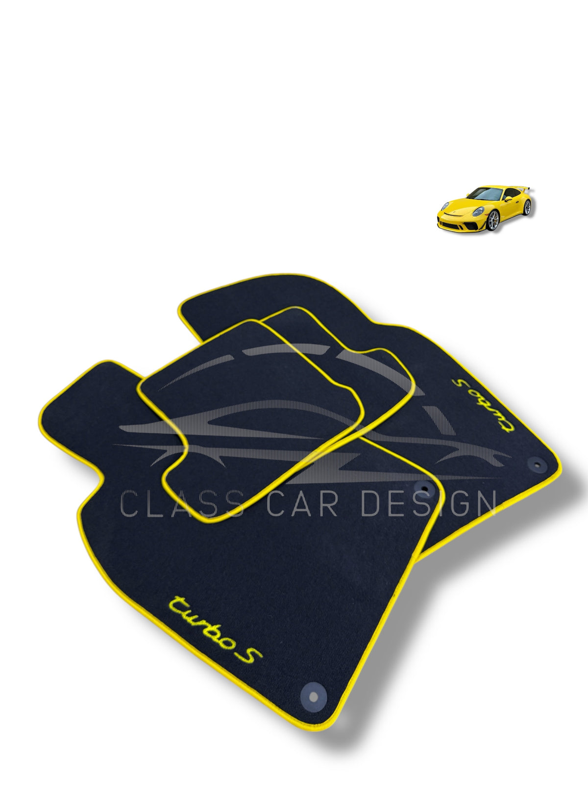 Porsche 911 996 (1998-2004) Custom Fit Floor Mats Turbo S Yellow Edging - Full Set Top View | Class Car Design