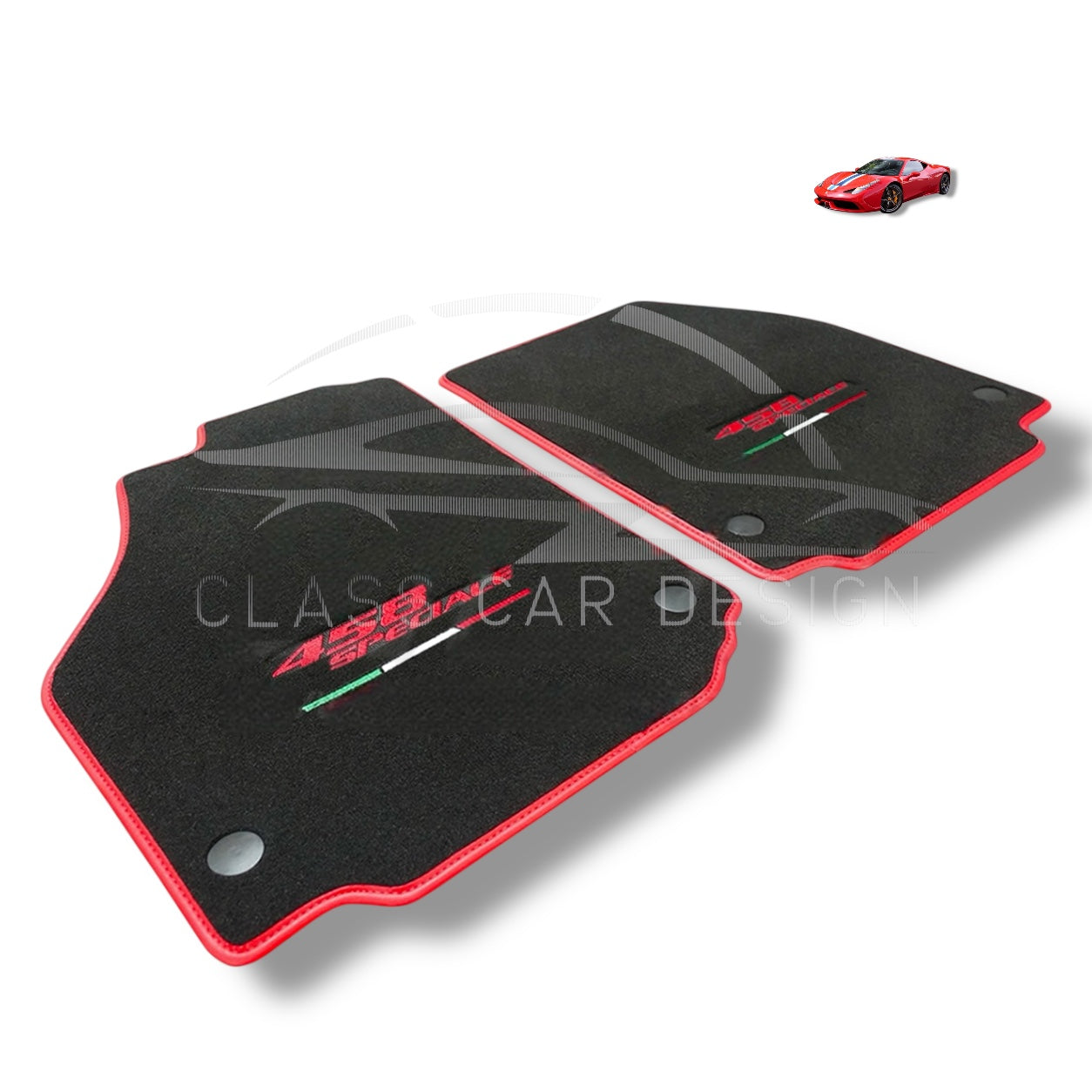 Ferrari 458 (2009-2015) Custom Fit Floor Mats Speciale Red Edging - Full Set Top View | Class Car Design